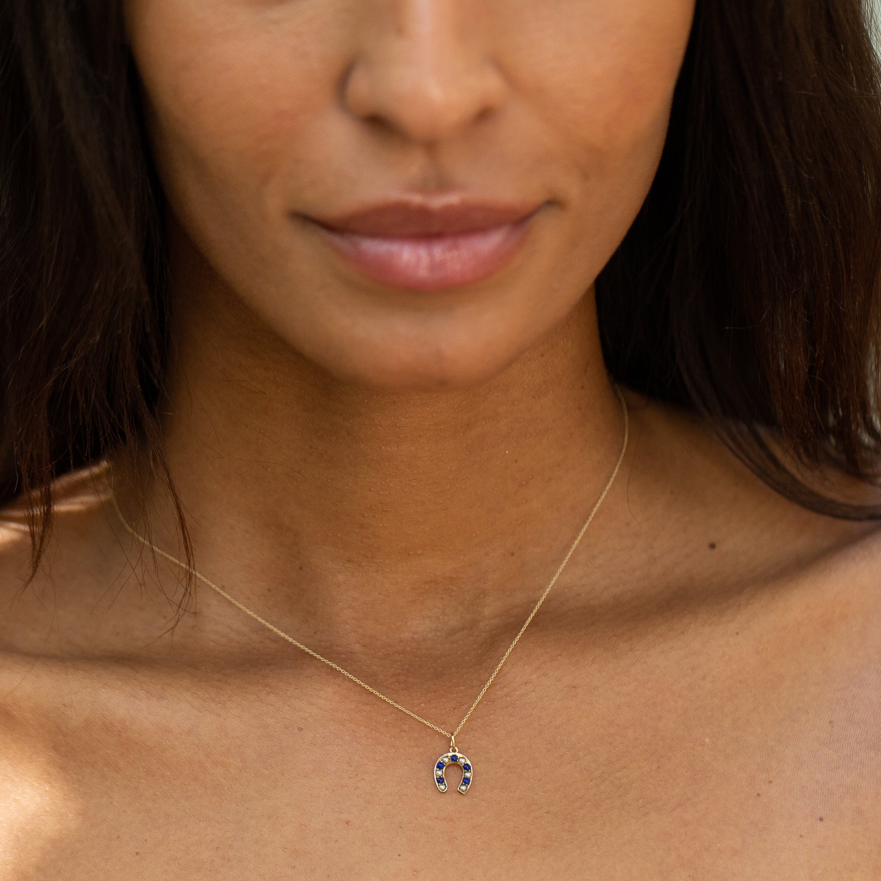 Lapis, Pearl, and 14k Gold Horseshoe Charm