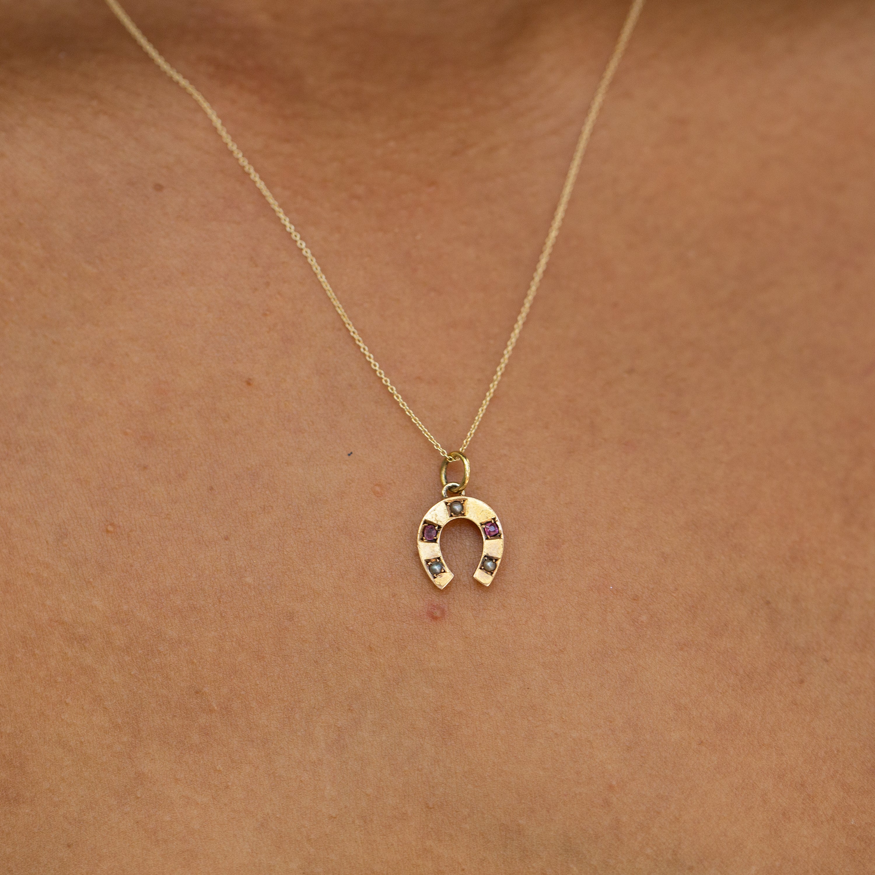 Pearl, Ruby, and 14k Gold Horseshoe Charm