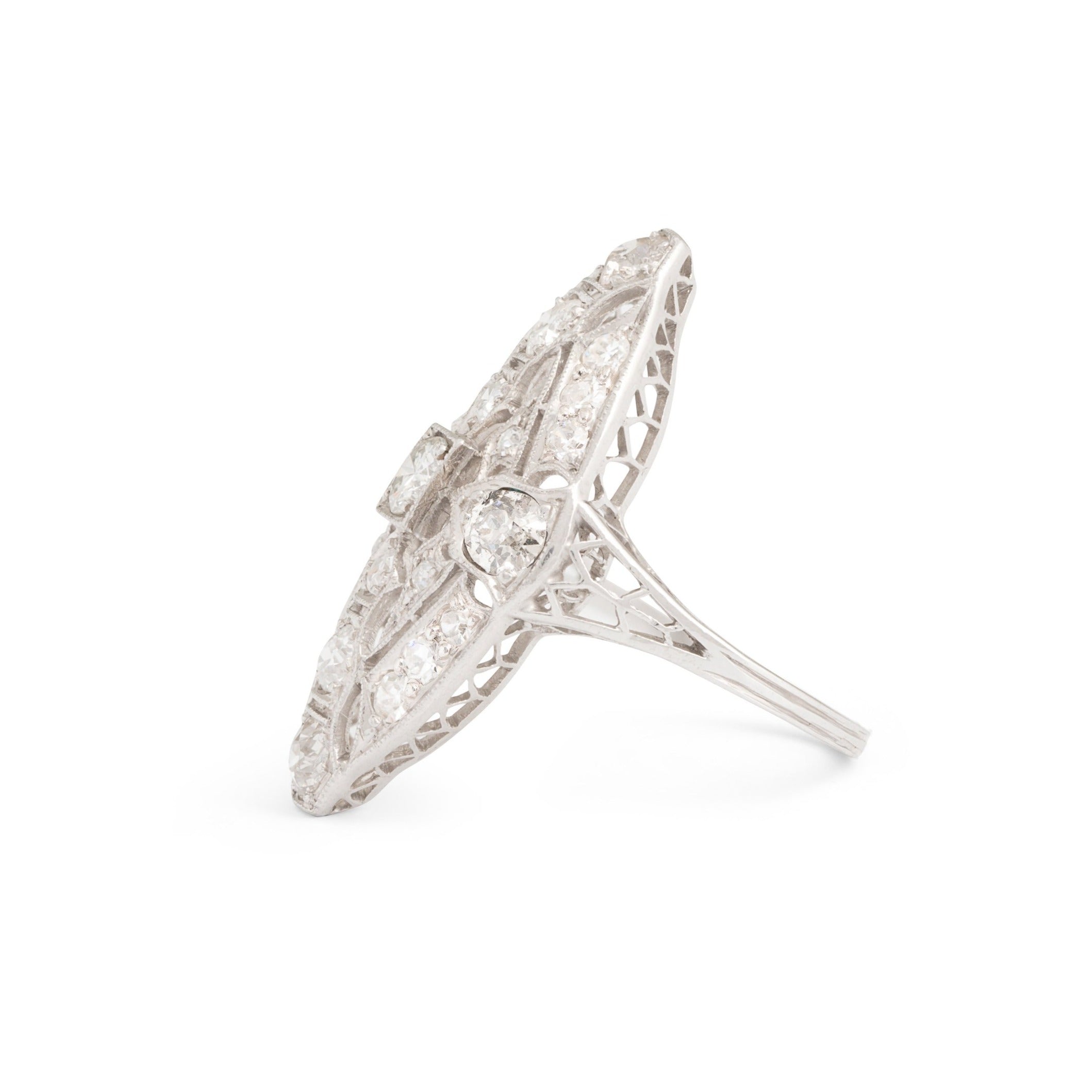 Edwardian Old Cut Diamond and Platinum Navette Ring