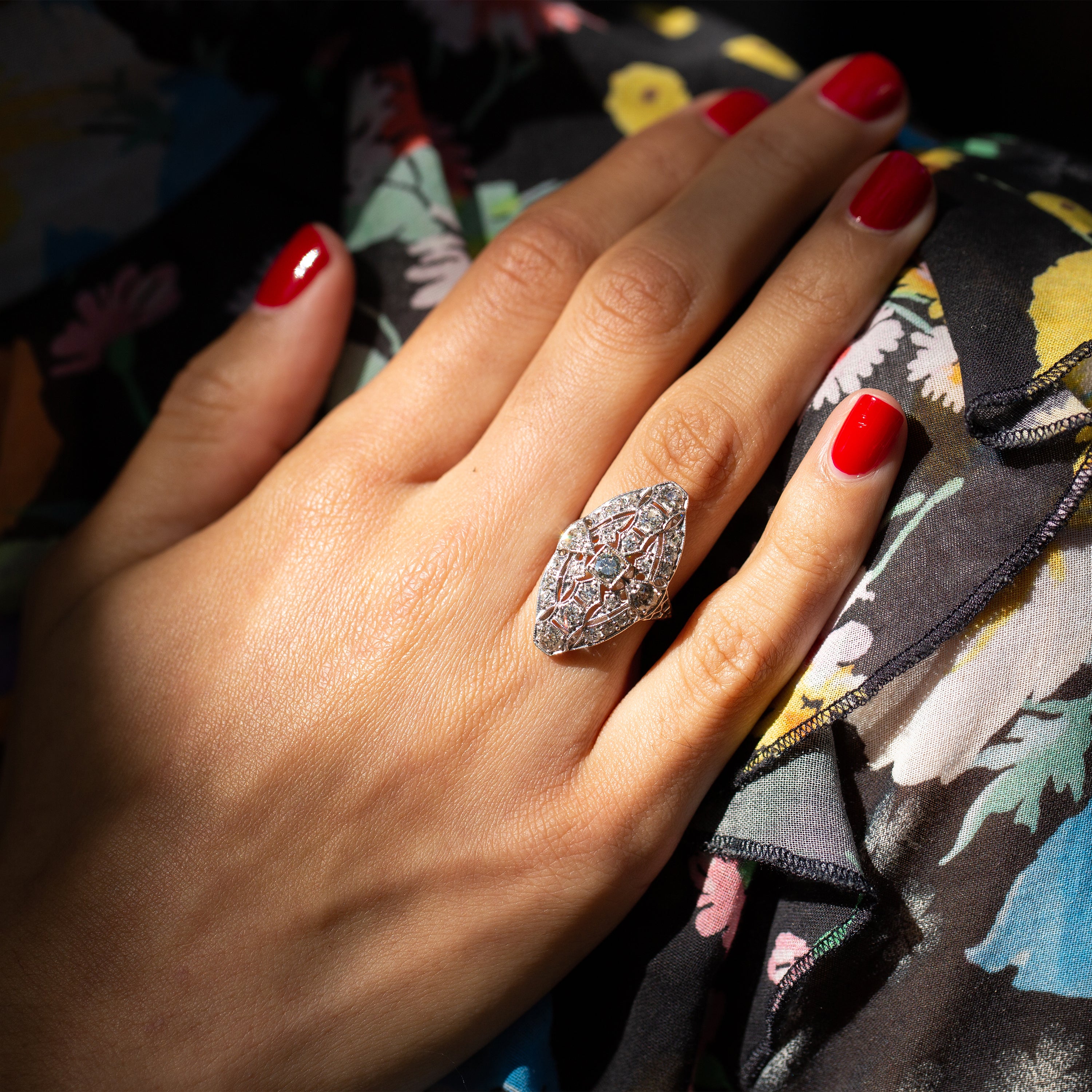 Edwardian Old Cut Diamond and Platinum Navette Ring