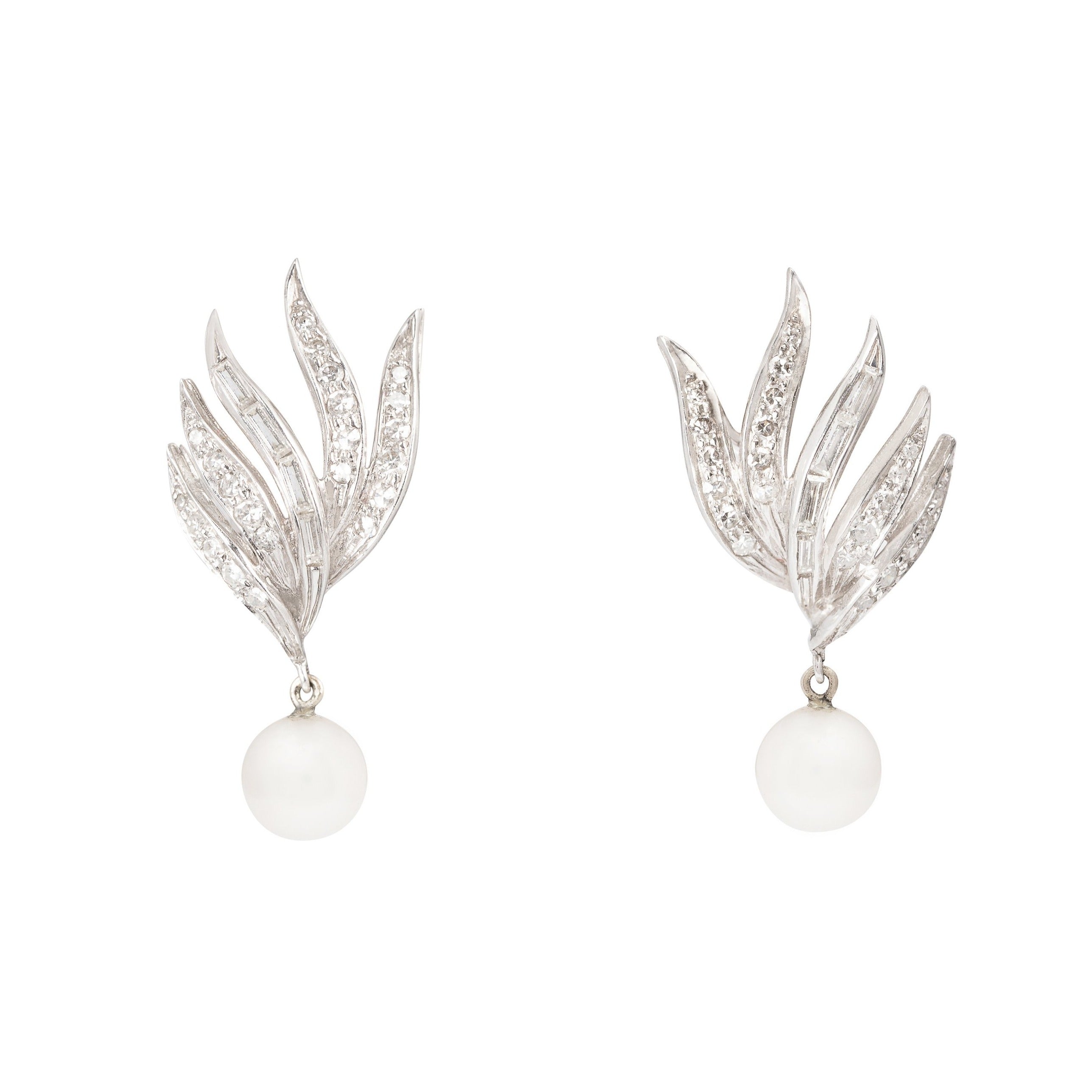 Diamond, Pearl, and 14k White Gold Fan Earrings