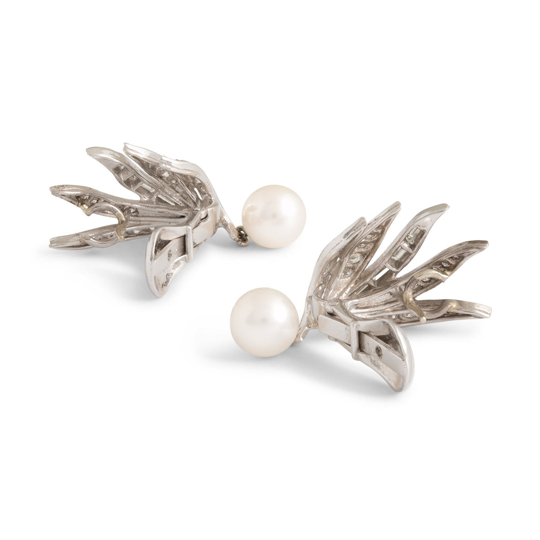Diamond, Pearl, and 14k White Gold Fan Earrings