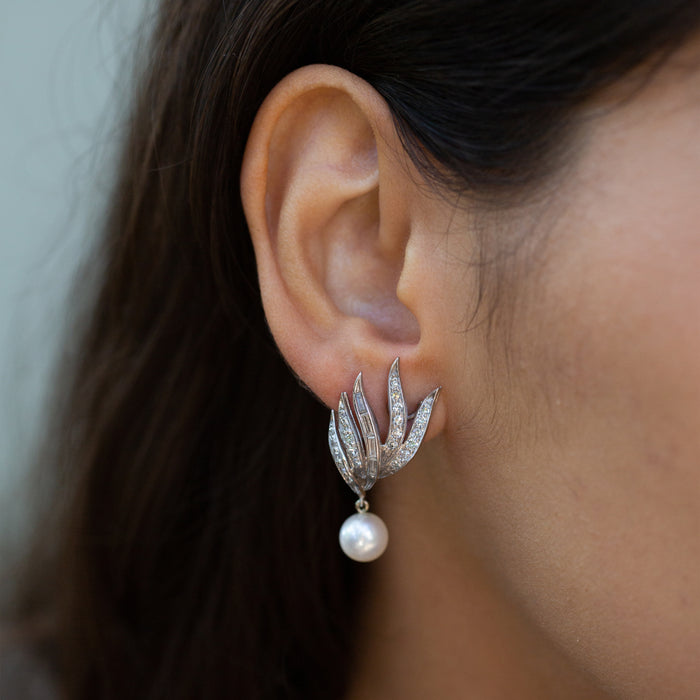 Diamond, Pearl, and 14k White Gold Fan Earrings
