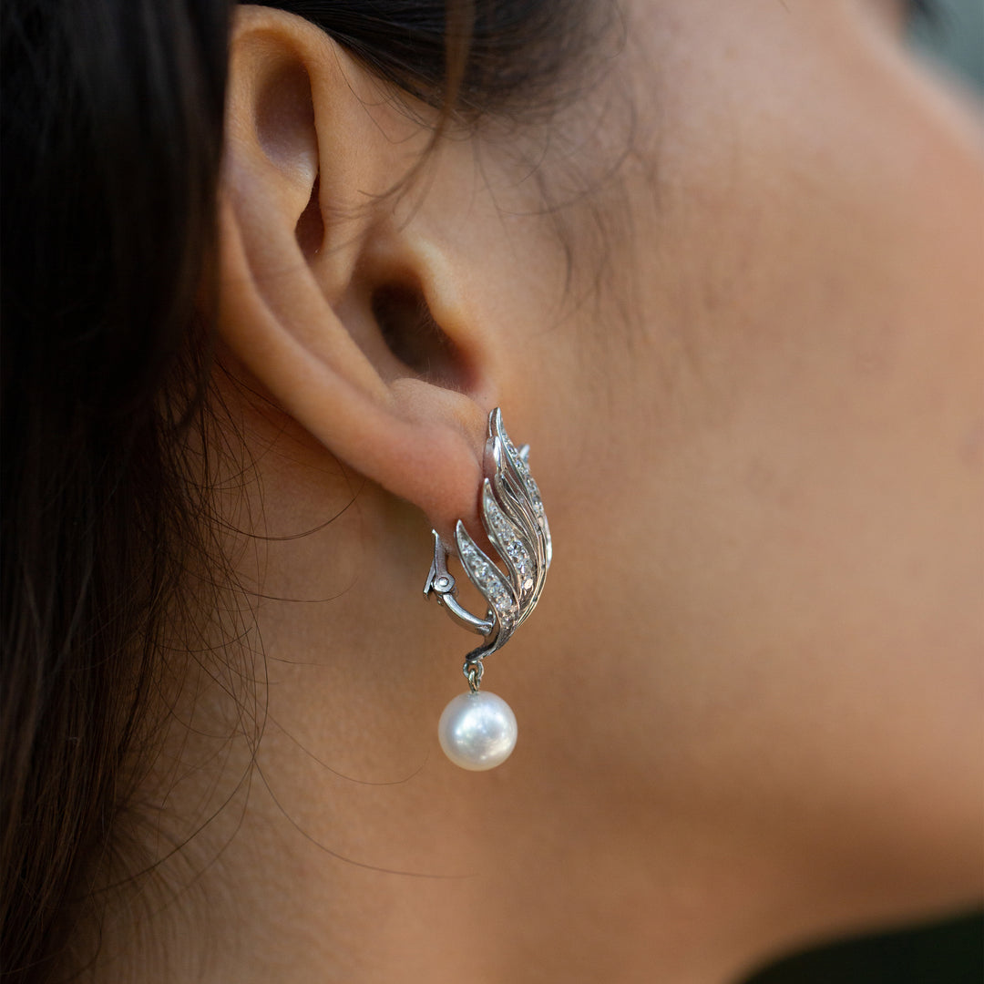 Diamond, Pearl, and 14k White Gold Fan Earrings