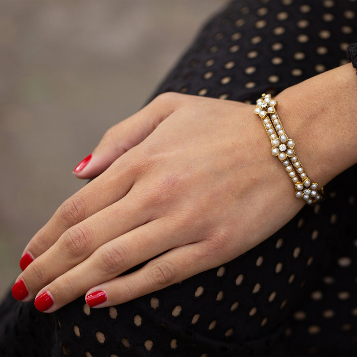 Victorian Pearl and Diamond Flower 18k Gold Bracelet