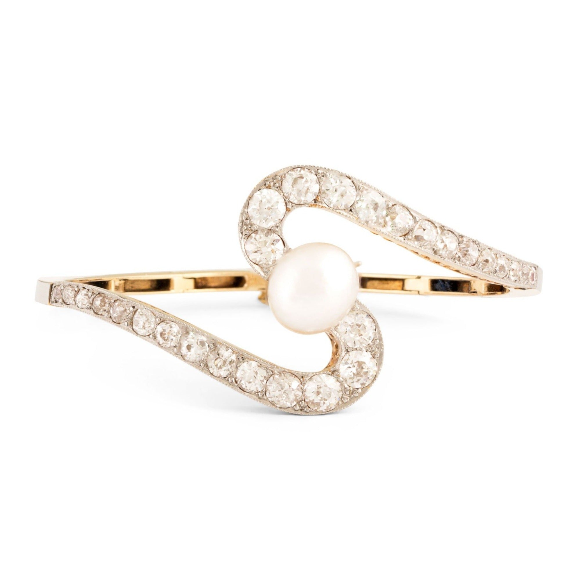 Edwardian Diamond, Pearl, 18k Gold, and Platinum Swirl Bracelet