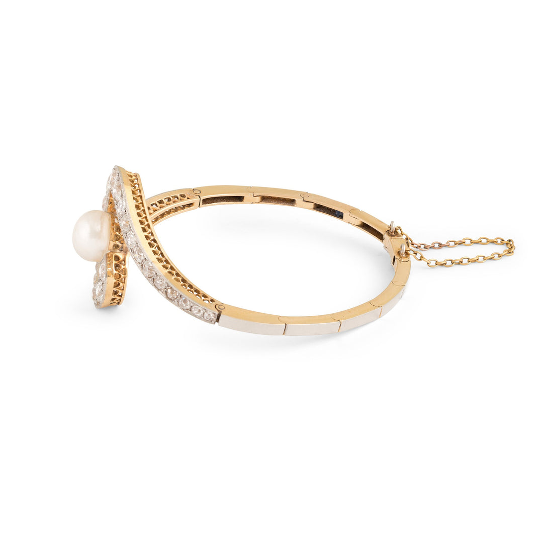 Edwardian Diamond, Pearl, 18k Gold, and Platinum Swirl Bracelet