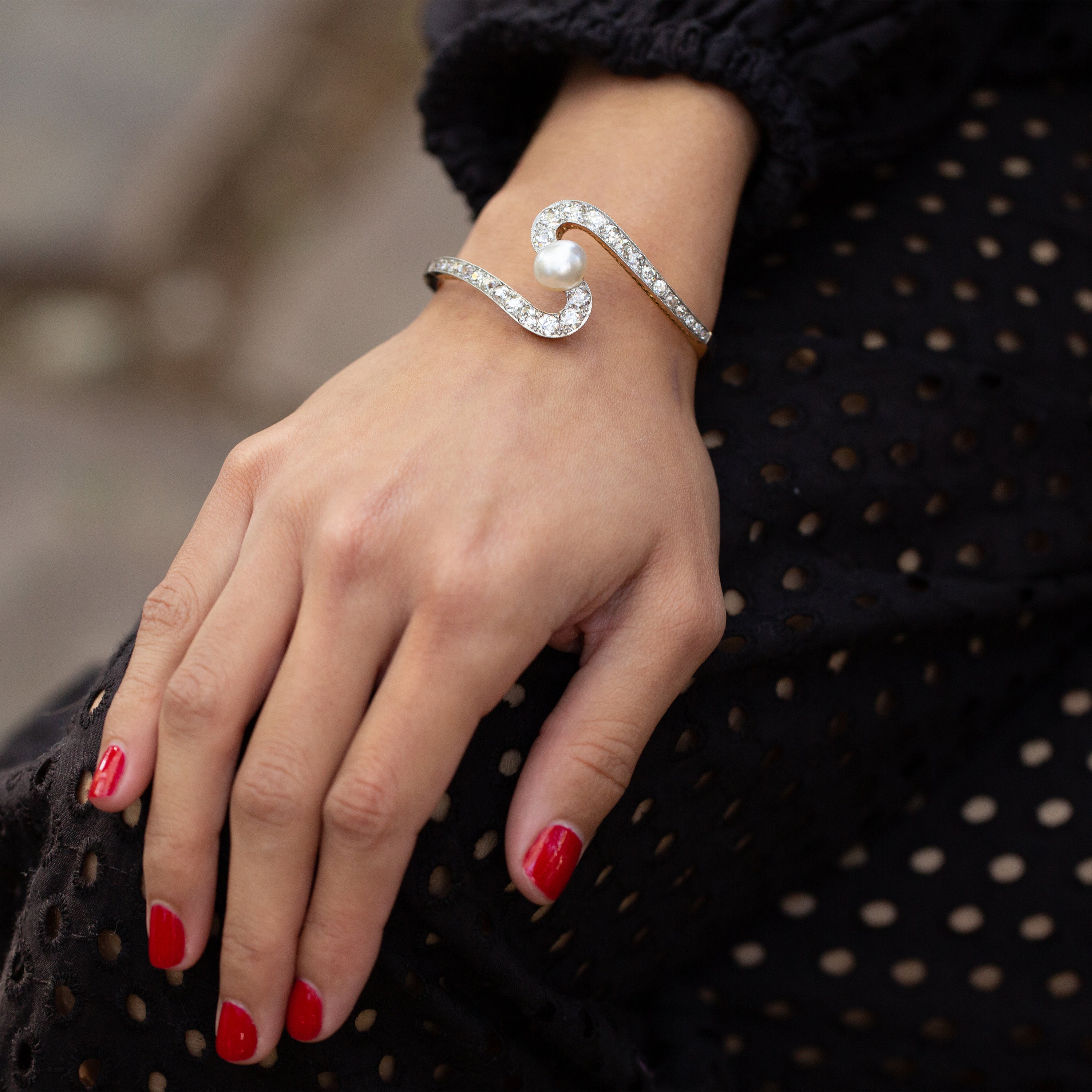 Edwardian Diamond, Pearl, 18k Gold, and Platinum Swirl Bracelet