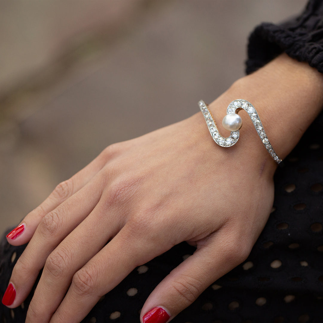 Edwardian Diamond, Pearl, 18k Gold, and Platinum Swirl Bracelet