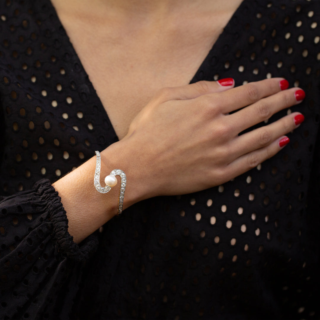 Edwardian Diamond, Pearl, 18k Gold, and Platinum Swirl Bracelet