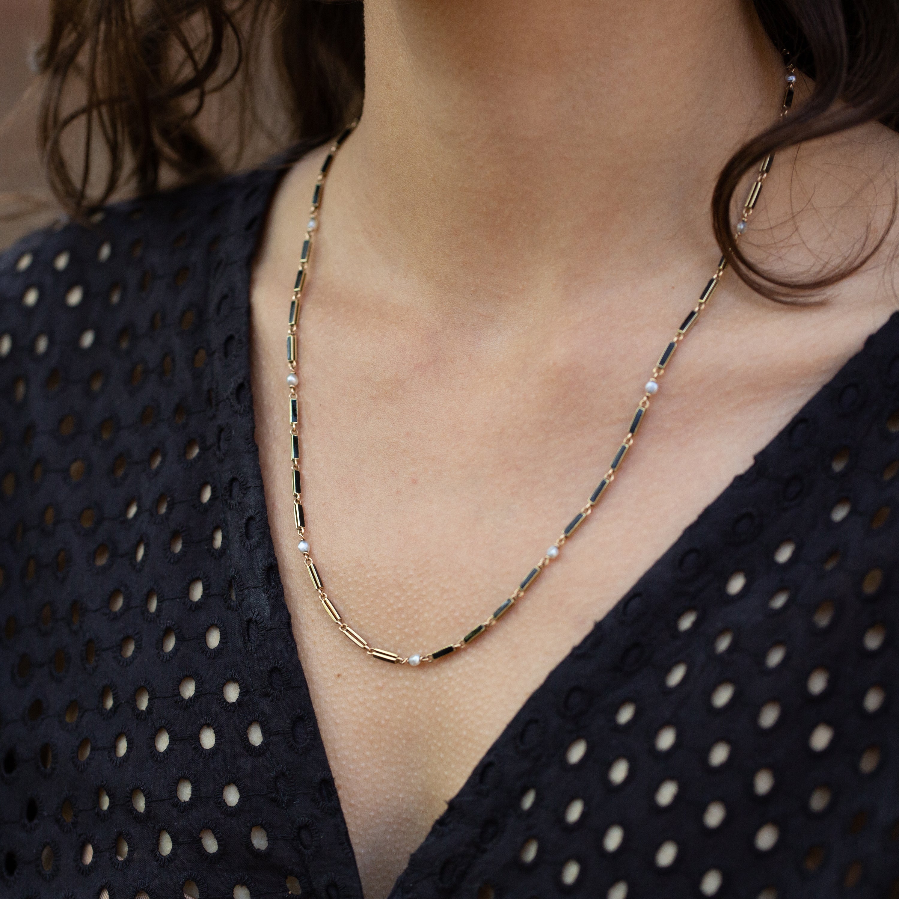 Black Enamel and Pearl 14k Gold 21" Chain