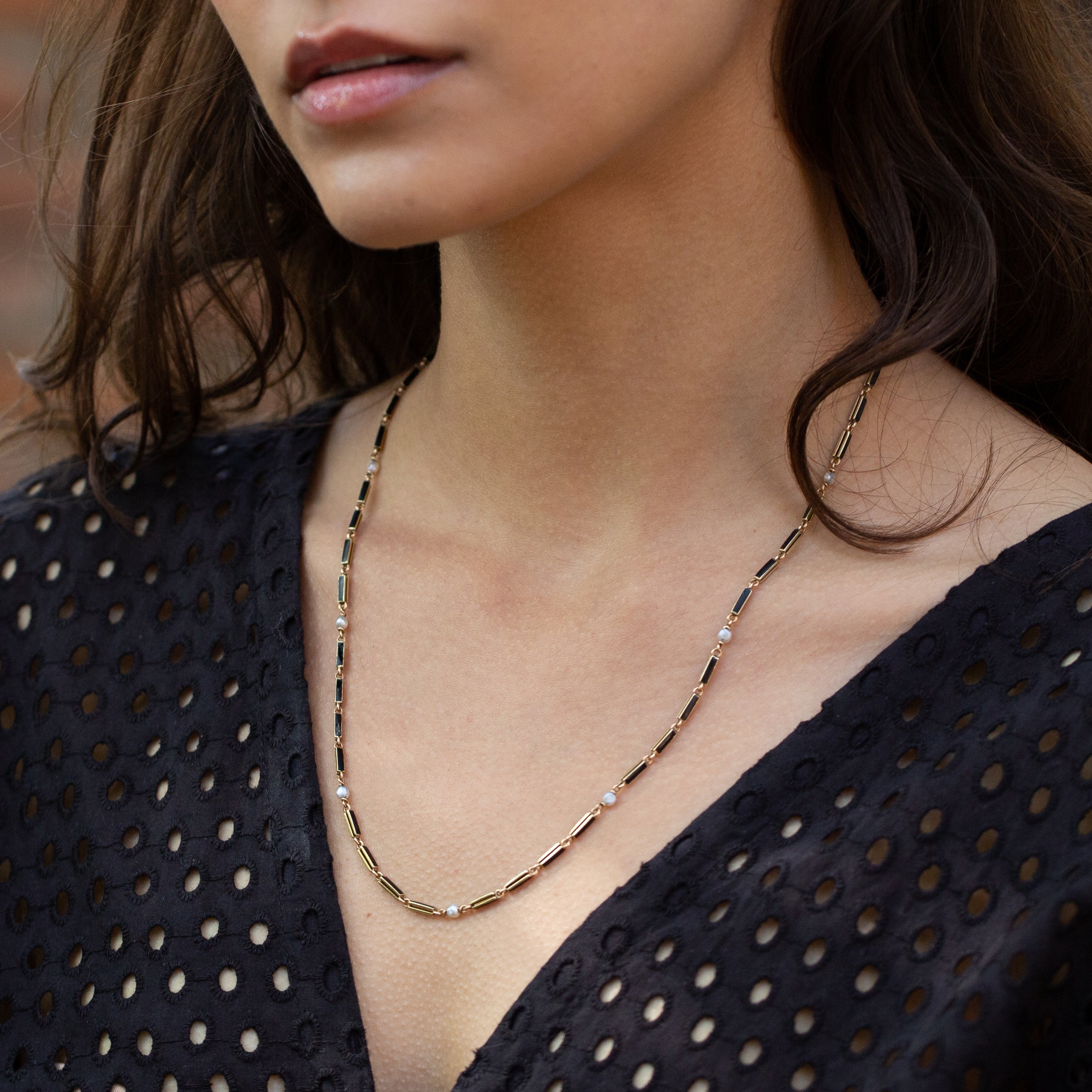 Black Enamel and Pearl 14k Gold 21" Chain