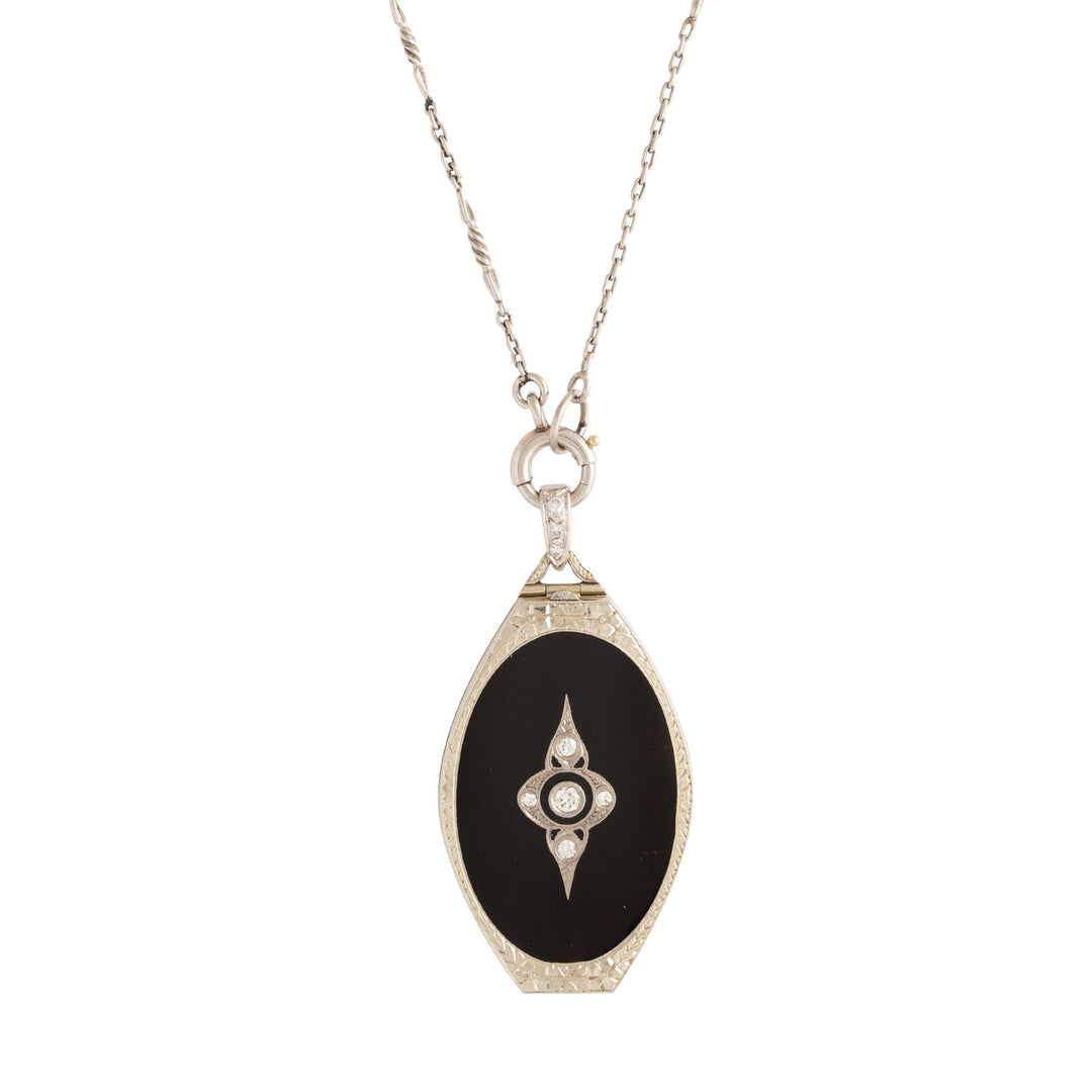 Black Enamel, Onyx, Diamond, And Pearl Locket Necklace