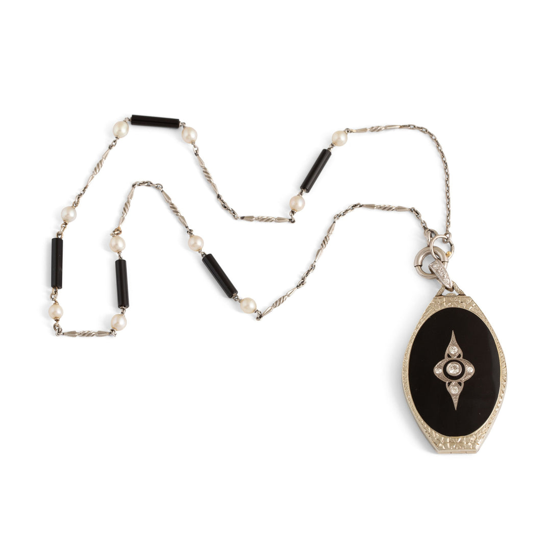 Black Enamel, Onyx, Diamond, And Pearl Locket Necklace