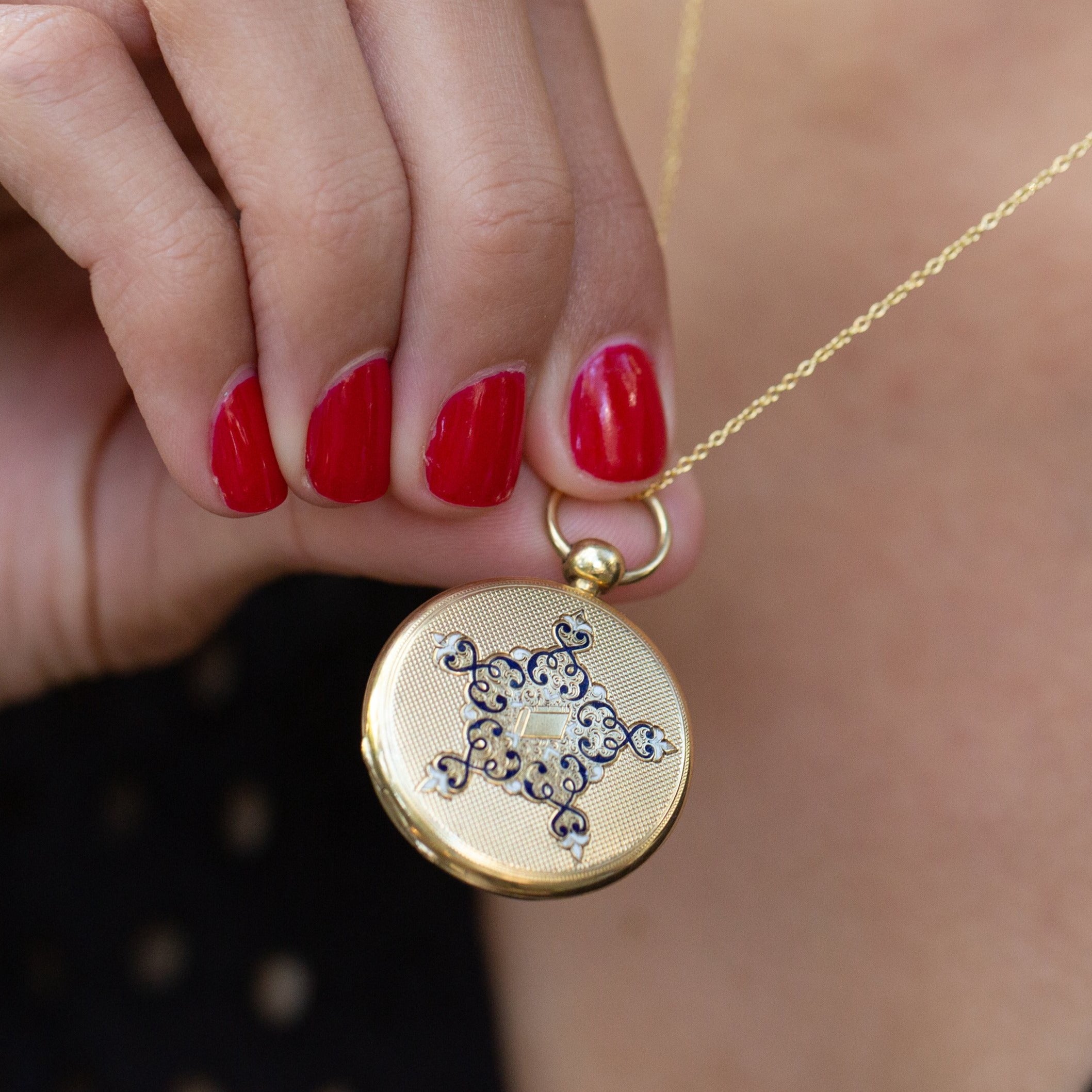 Engraved 14k Gold Locket With Black and White Enamel