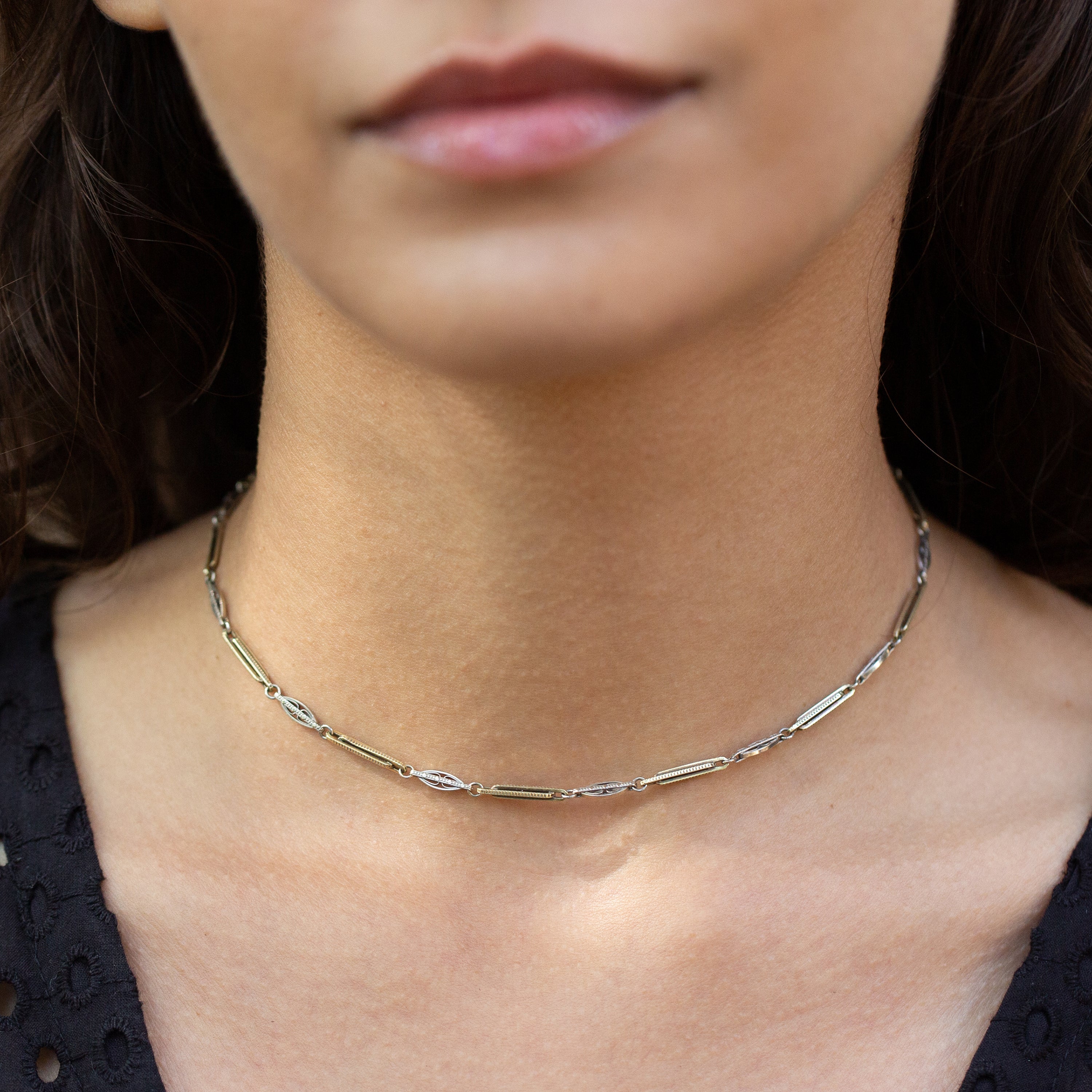 Two-Tone 14k Gold Decorative Link 14" Choker Necklace