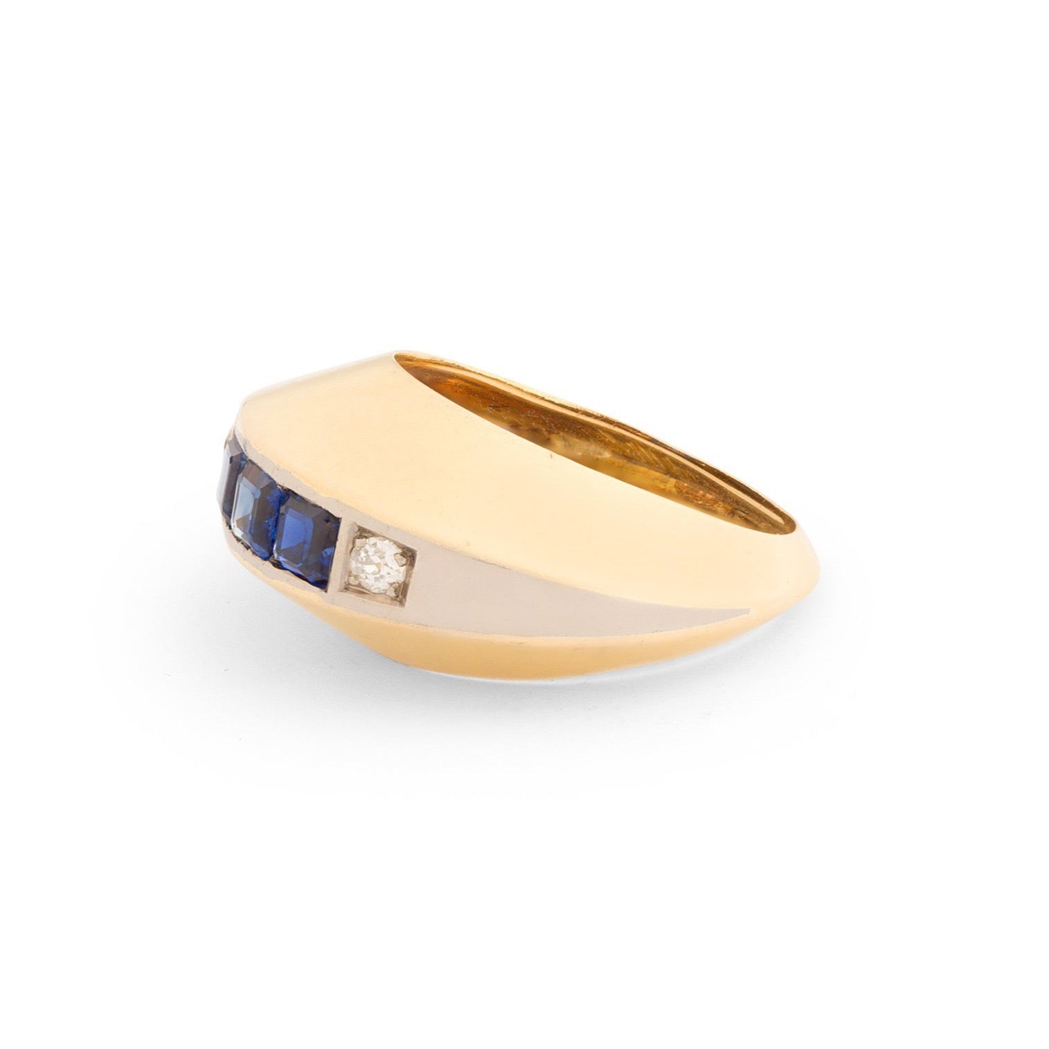 Diamond, Synthetic Sapphire, and 18K Gold Dome Fan Ring