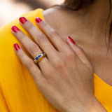Diamond, Synthetic Sapphire, and 18K Gold Dome Fan Ring
