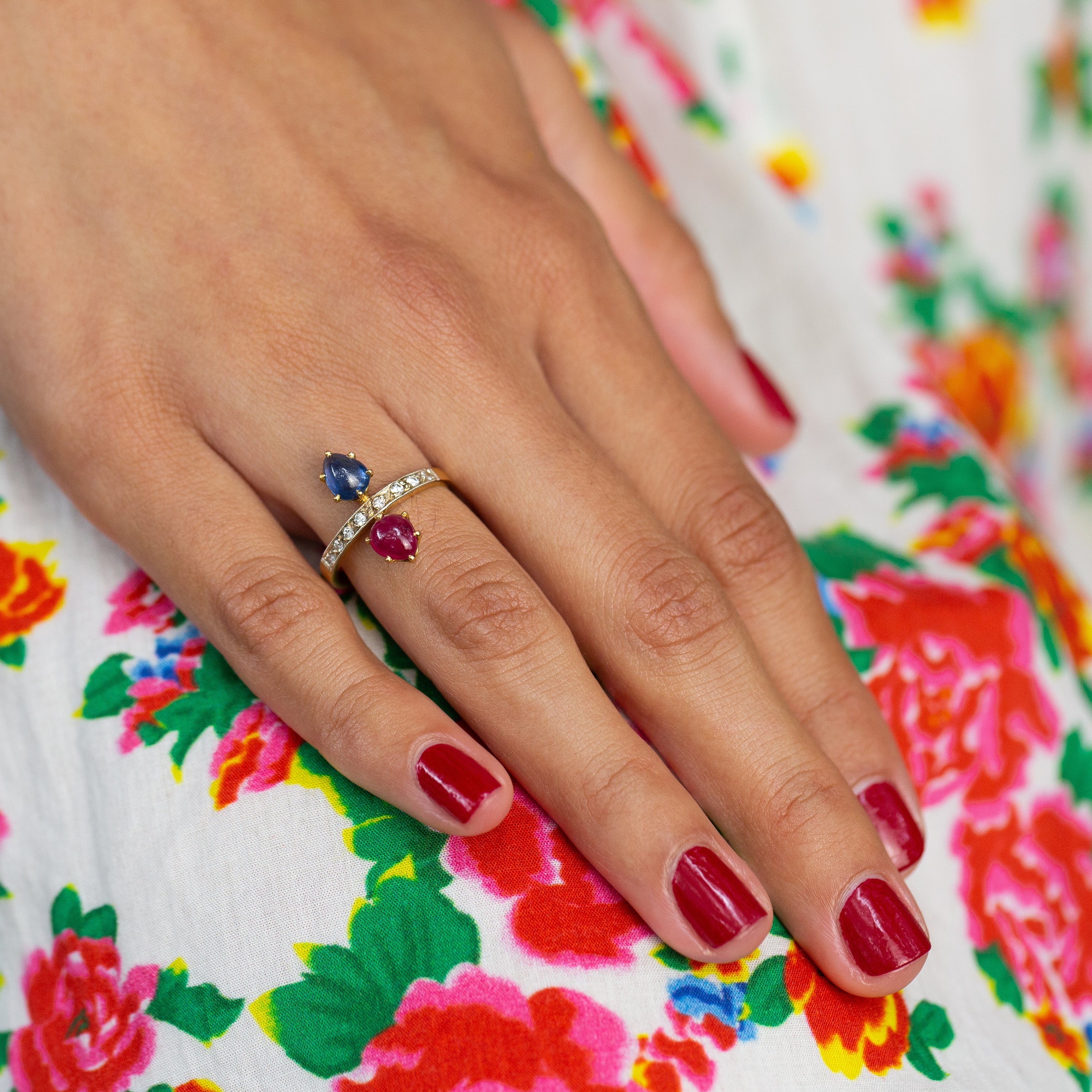 French Ruby and Sapphire Toi et Moi 18k Gold Ring