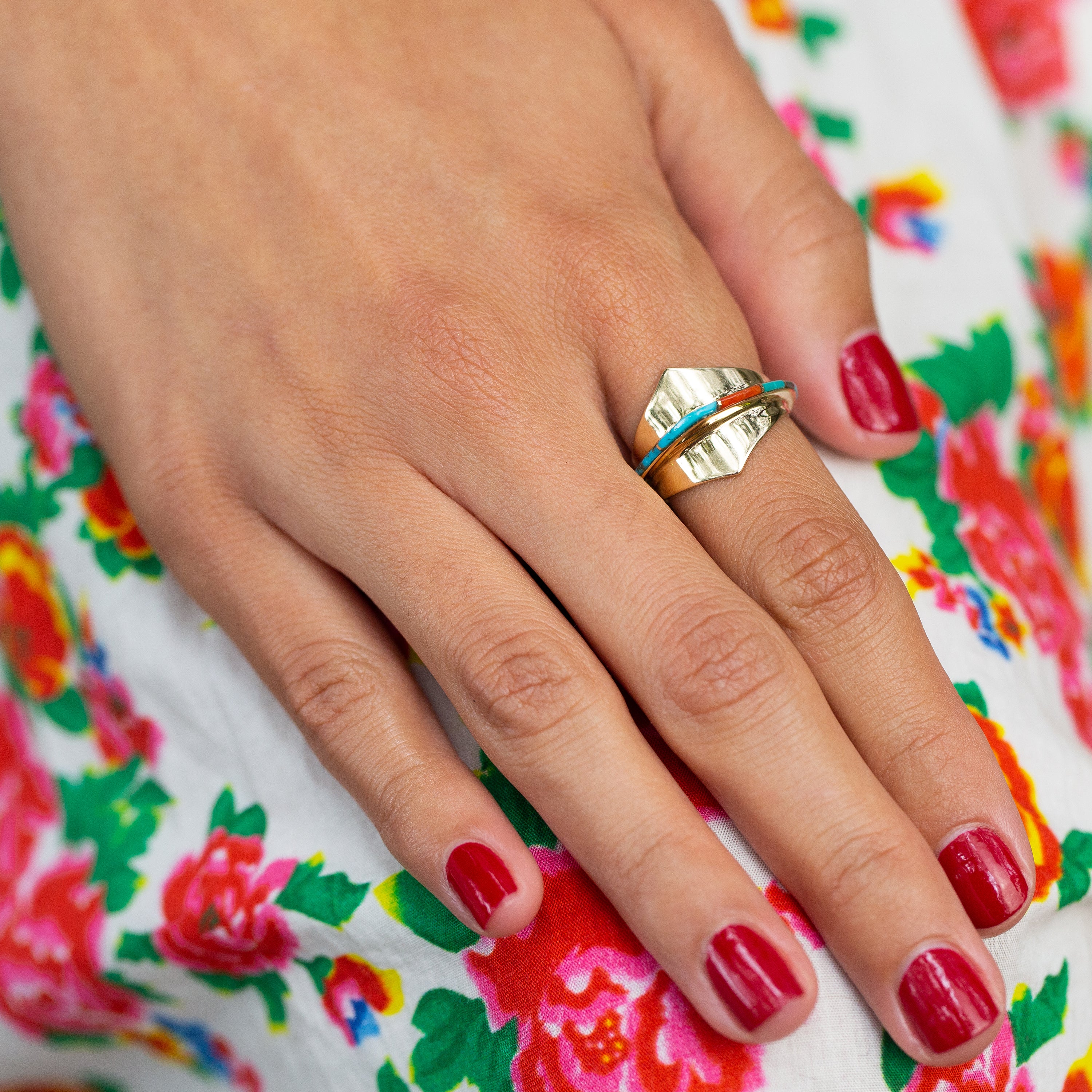 Ben Nighthorse Turquoise, Coral, and Agate 14k Gold Ring