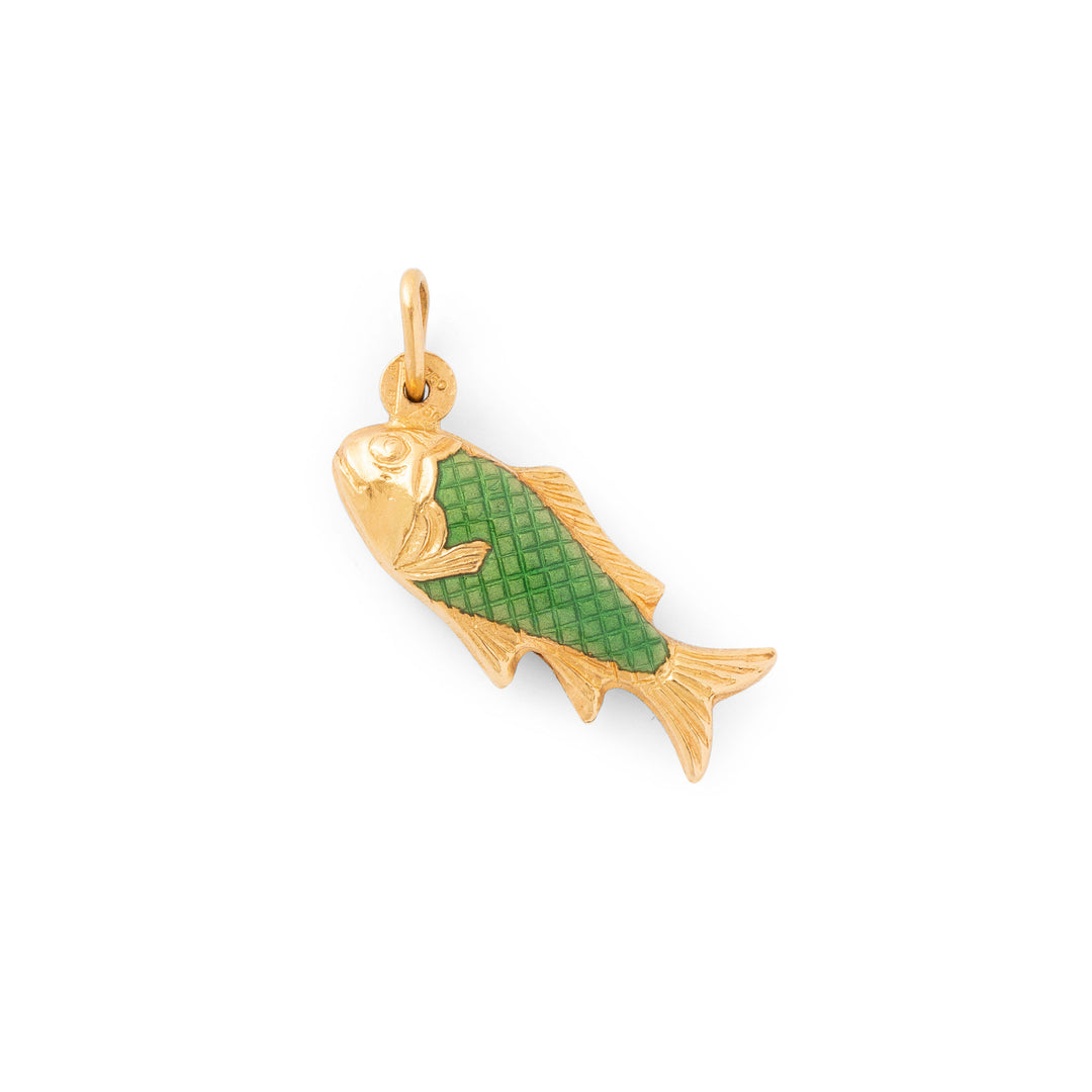 Italian Pisces Fish 18K Gold and Green Enamel Zodiac Charm