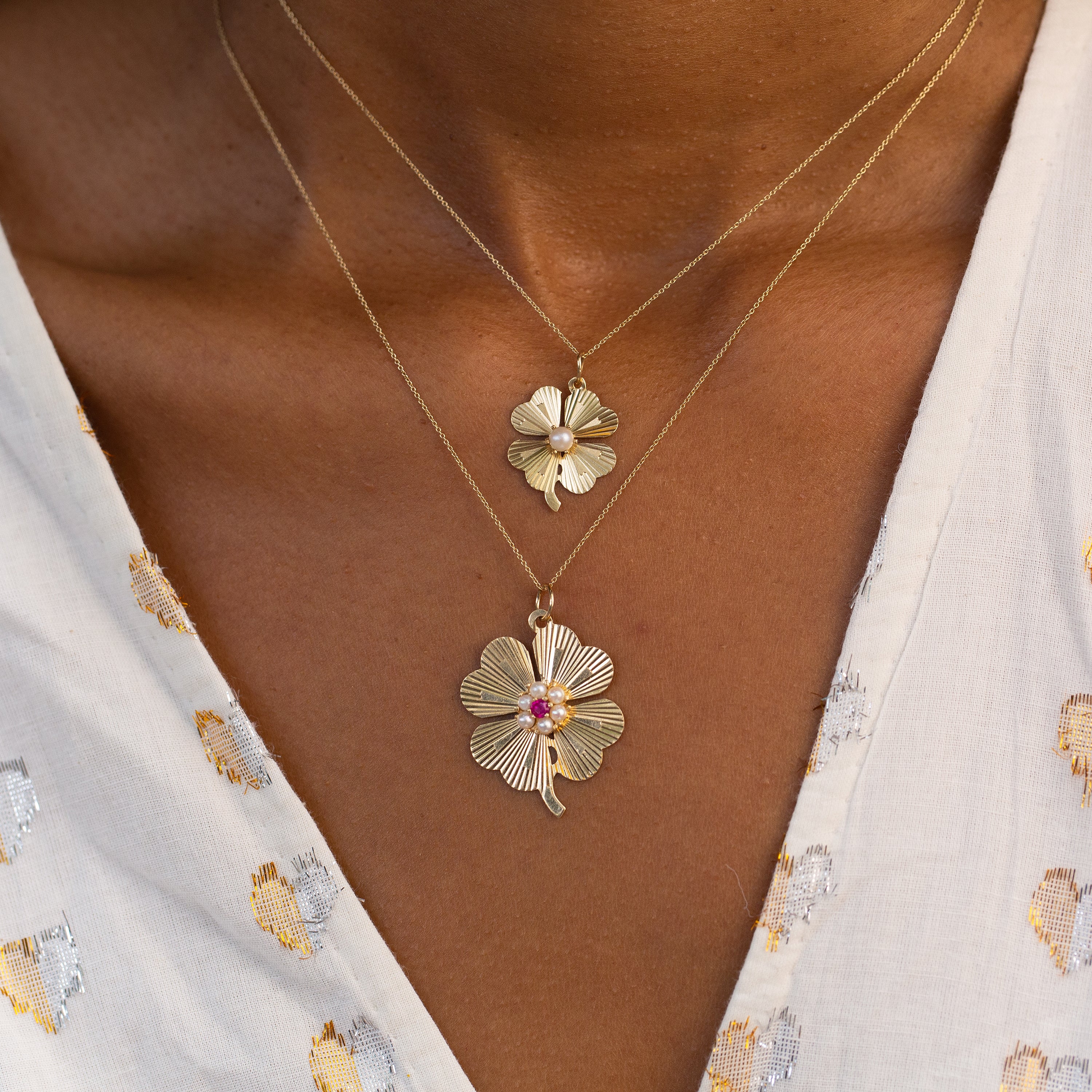 Large Pearl and 14K Gold Clover Charm