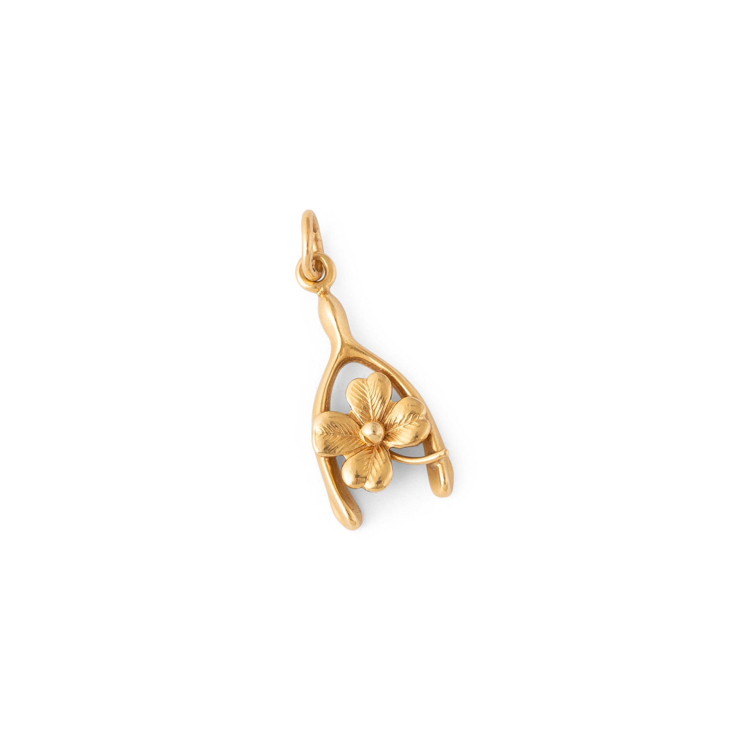 Wishbone and Clover 14k Gold Charm