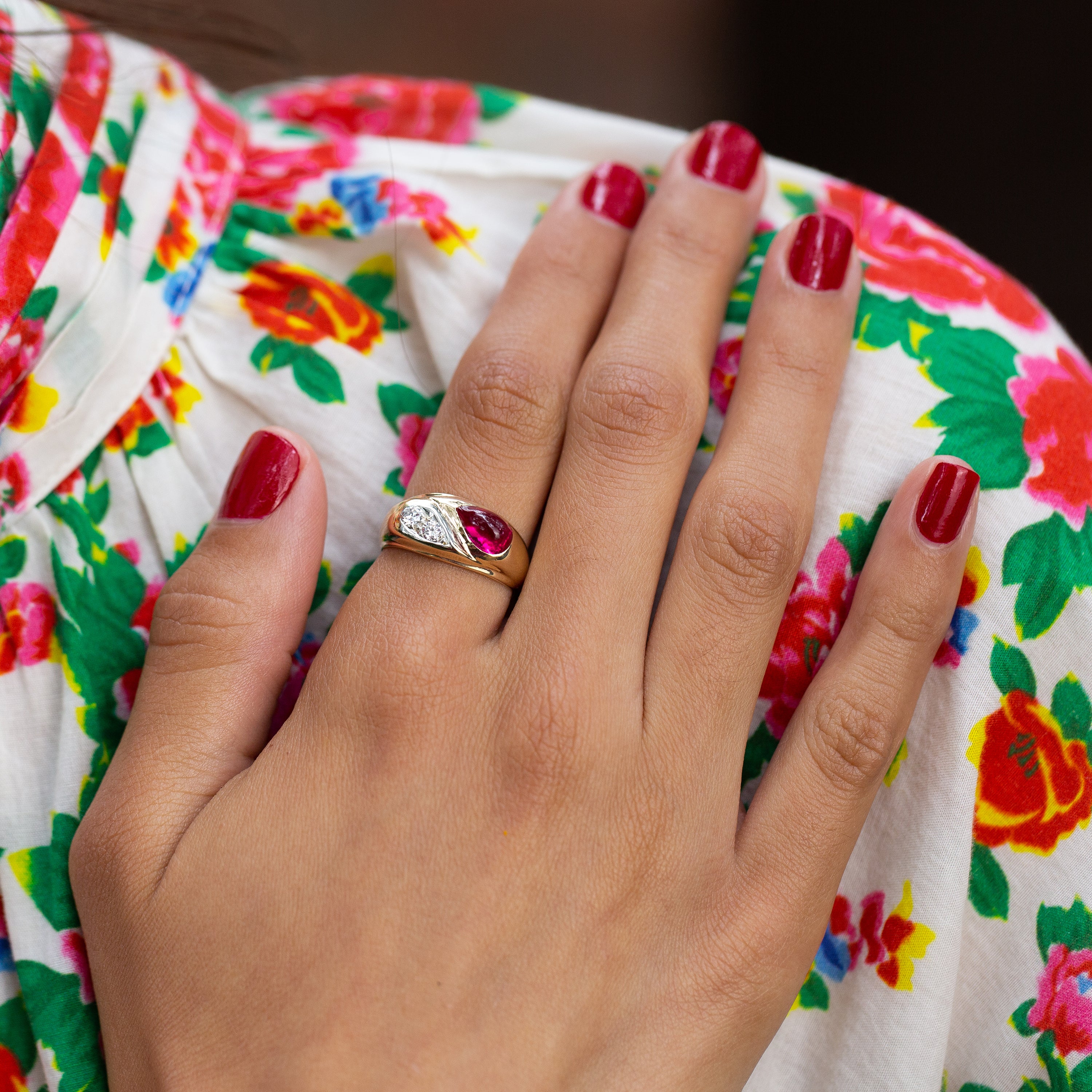 Ruby Cabochon and Diamond 14k Gold Ring
