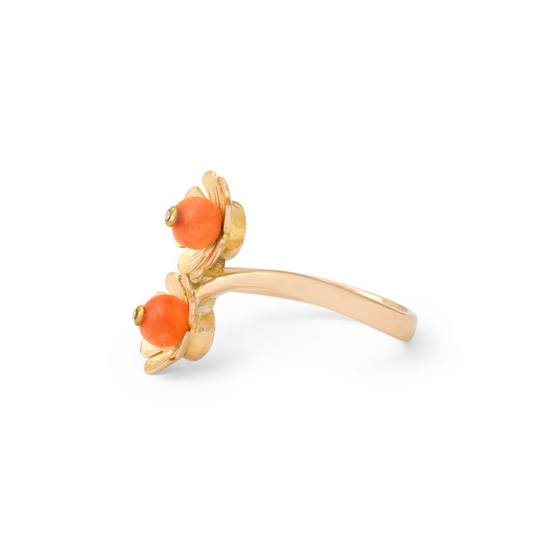 Double Coral Flower and 14k Gold Ring