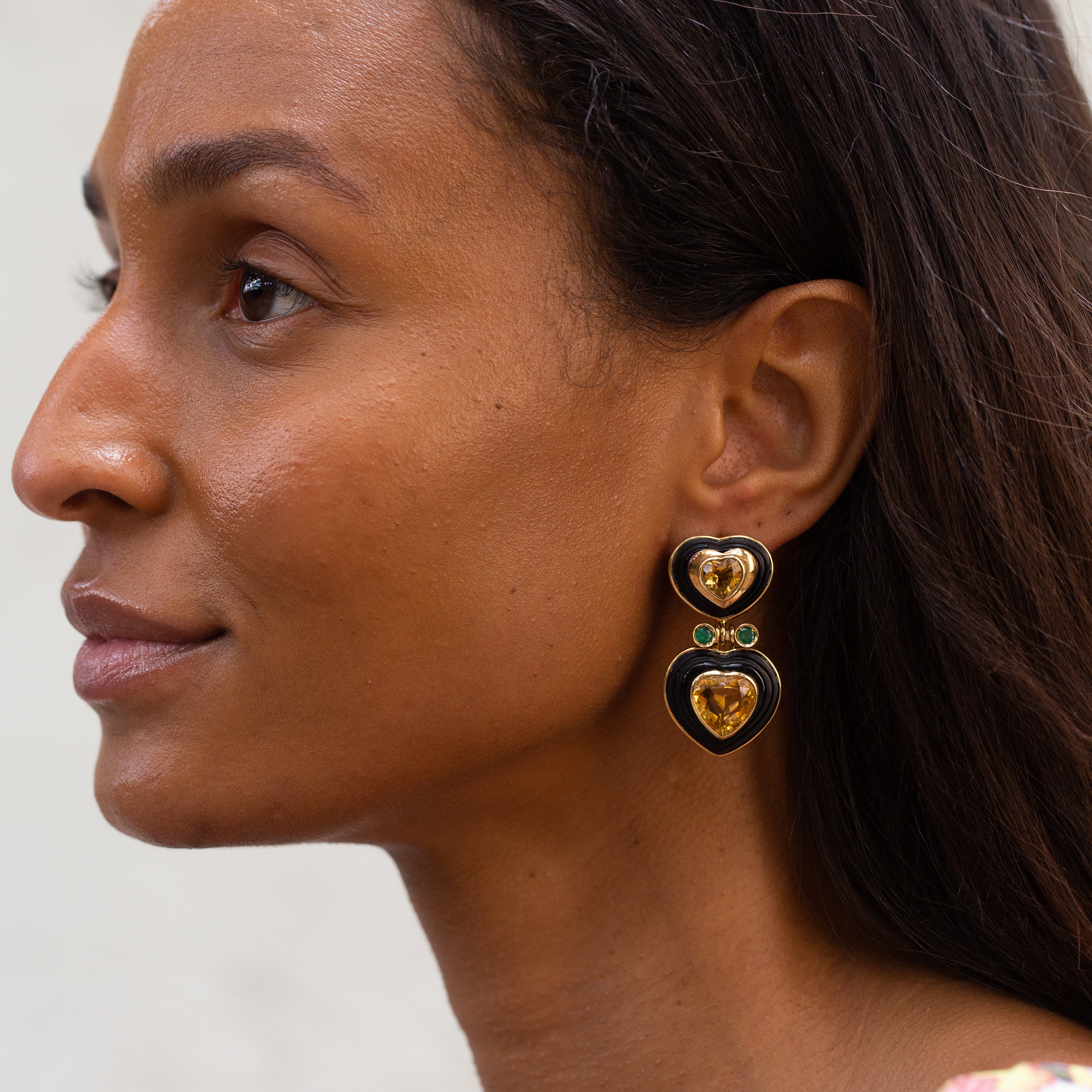 Citrine, Emerald, and 14K Gold Heart Earrings
