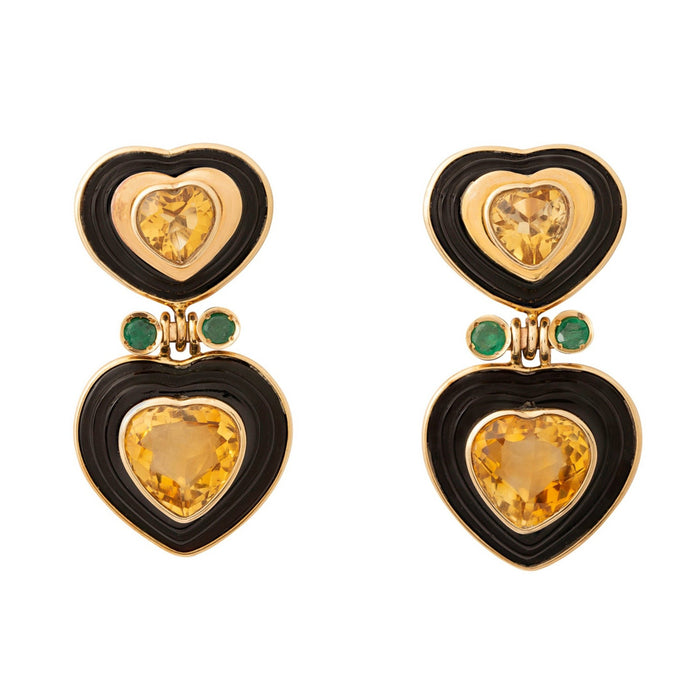 Citrine, Emerald, and 14K Gold Heart Earrings