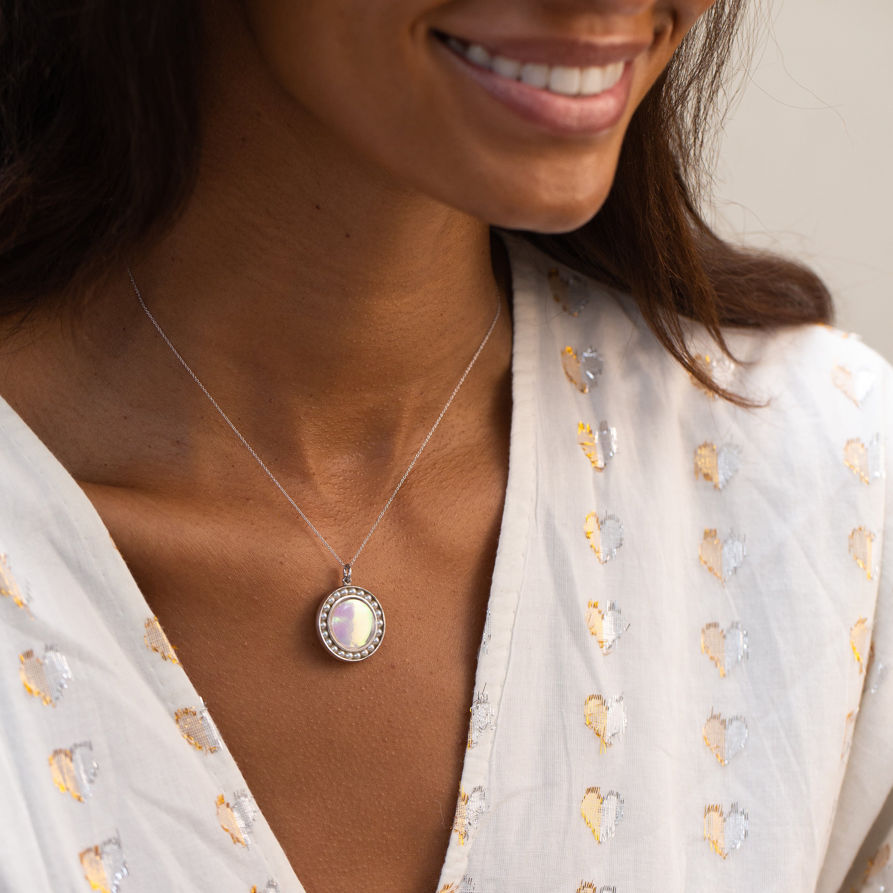 Pearl and 14k White Gold Round Locket Necklace