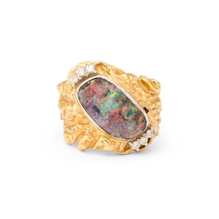Brutalist Opal and Diamond 18k Gold Ring