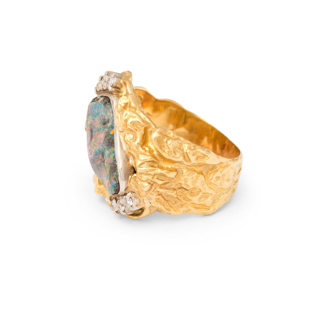 Brutalist Opal and Diamond 18k Gold Ring