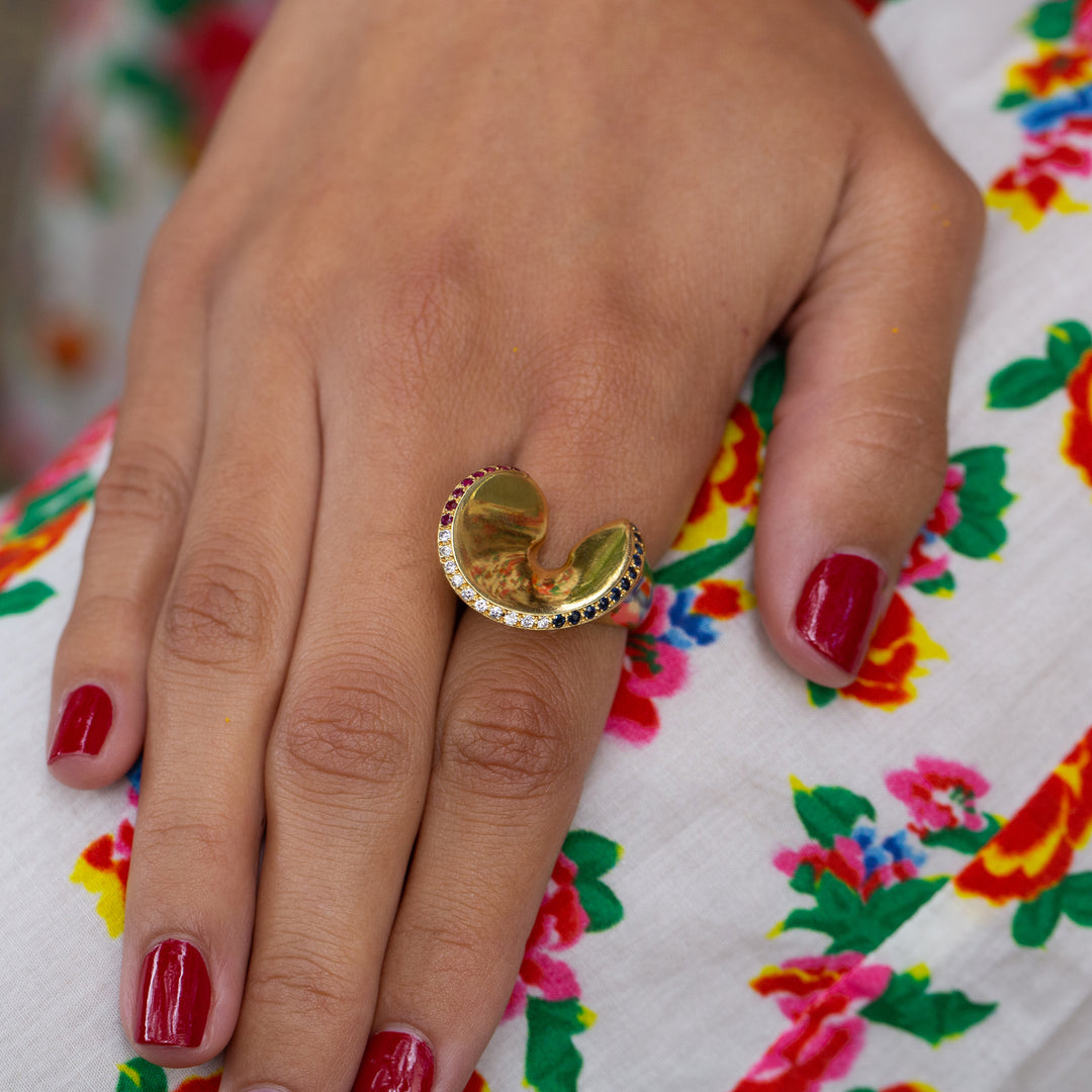 French Sapphire, Diamond, Ruby and 18k Gold Cocktail Ring
