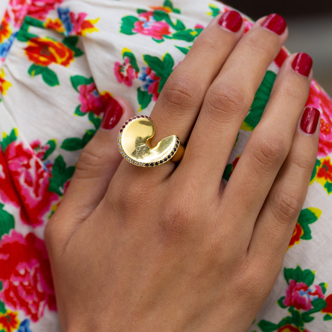 French Sapphire, Diamond, Ruby and 18k Gold Cocktail Ring