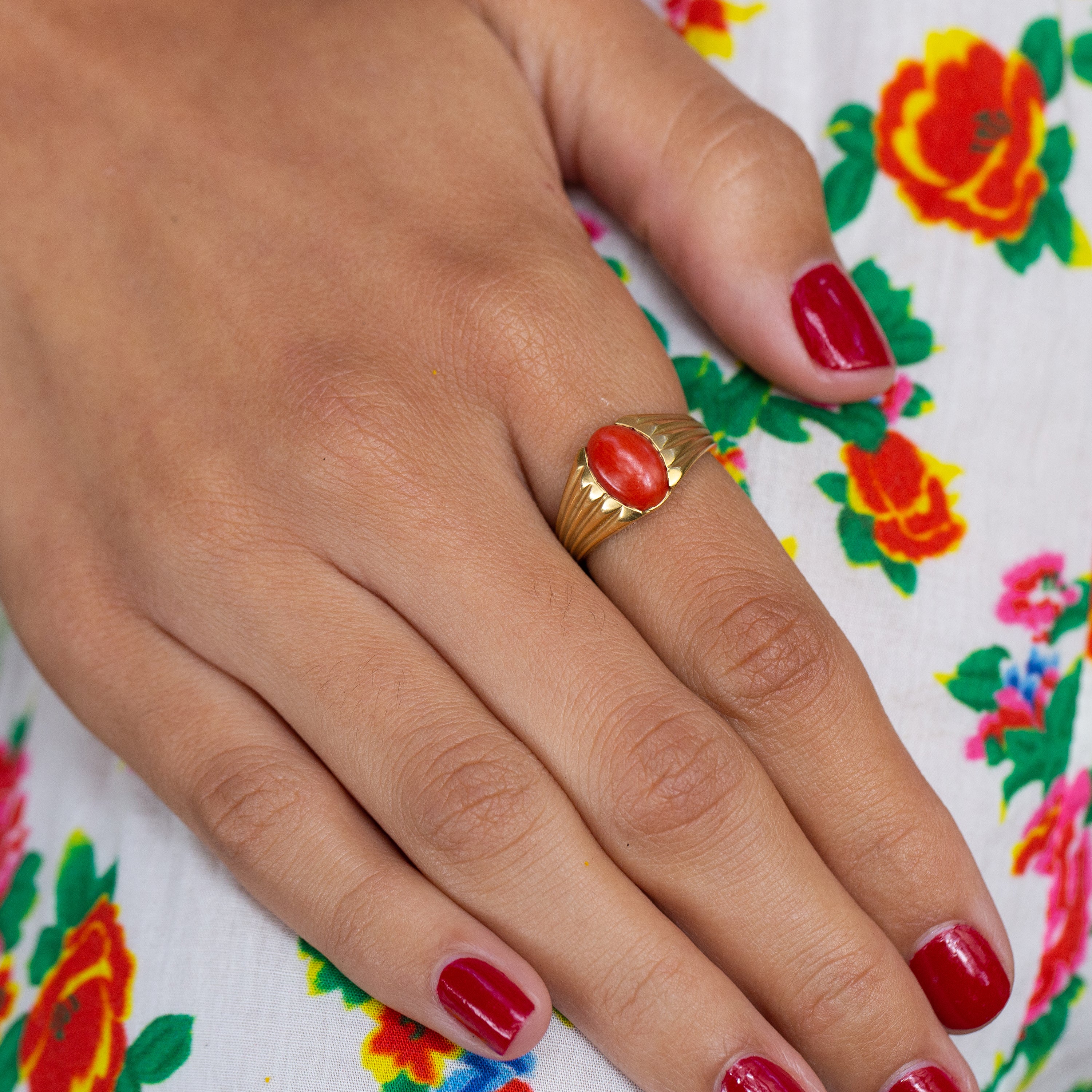 Red Coral and 18k Gold Ring