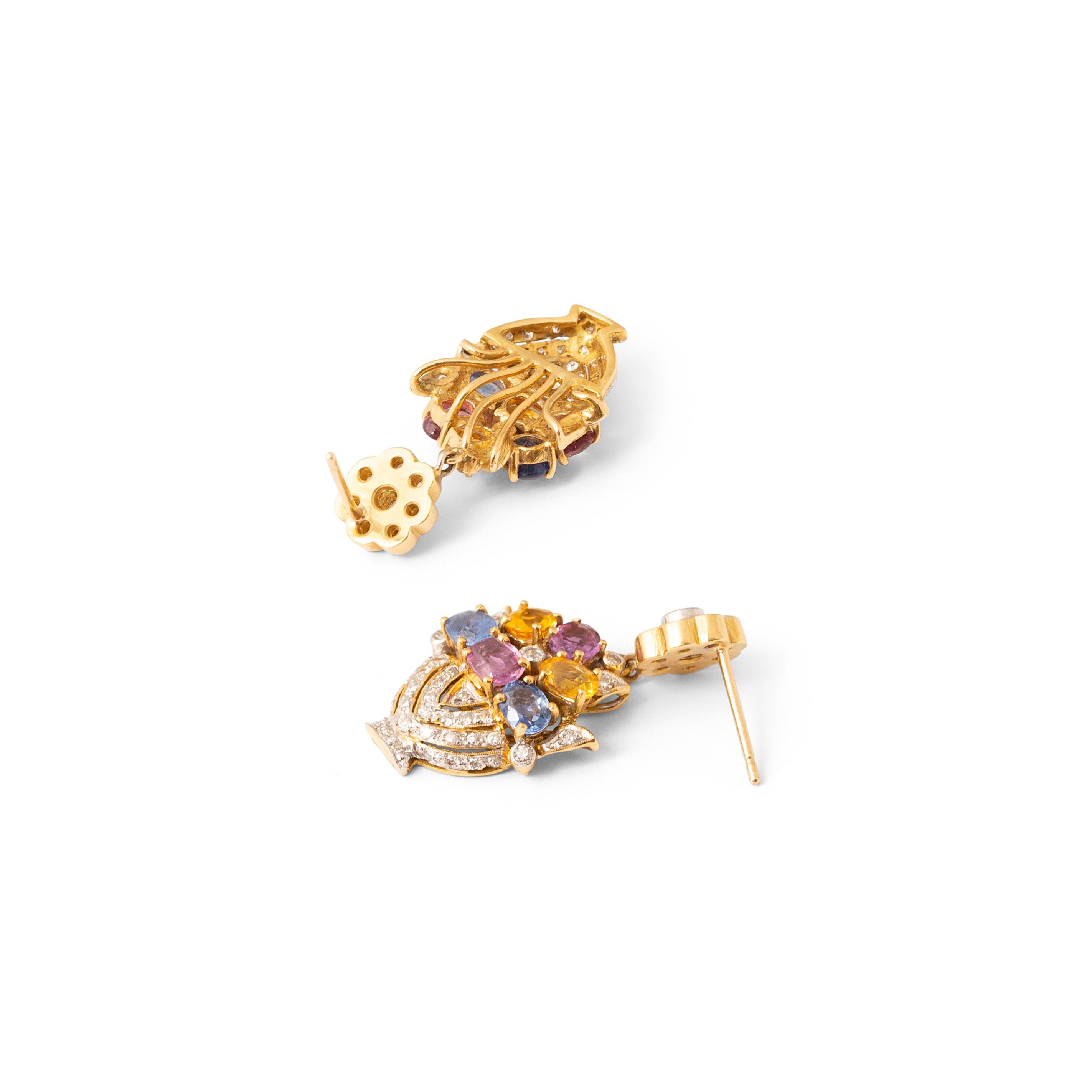 Flower Basket Multi-Color Sapphire and Diamond 18k Gold Earrings