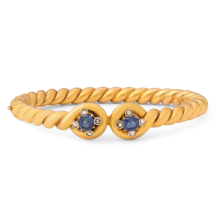 French Sapphire and Diamond Twisted 18k Gold Bangle Bracelet