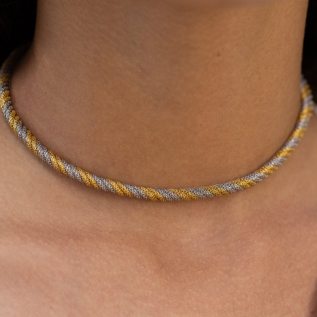 Two-Tone Twisted Yellow and White 18K Gold Choker 14" Necklace