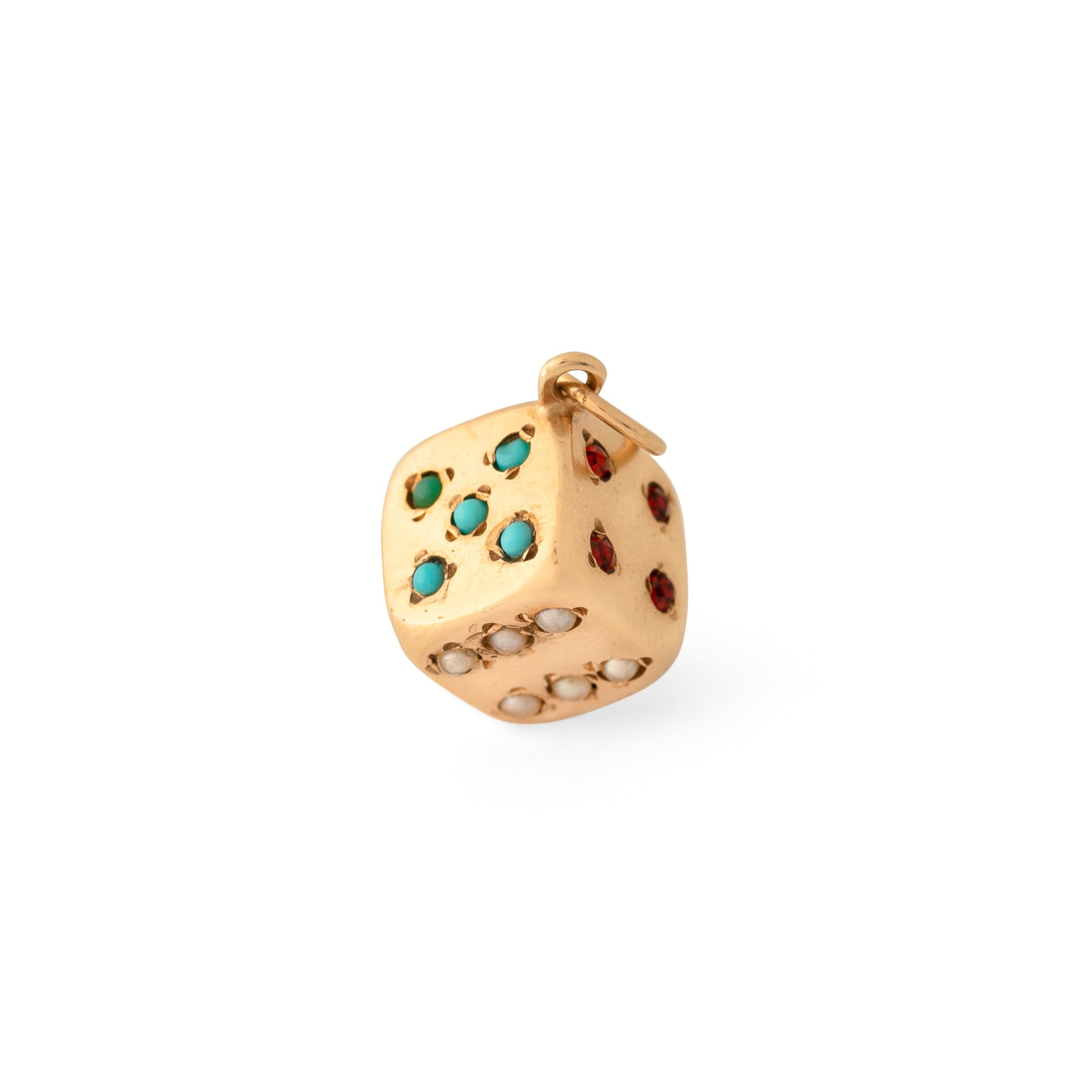 English Pearl, Turquoise, Garnet, and 9K Gold Dice Charm