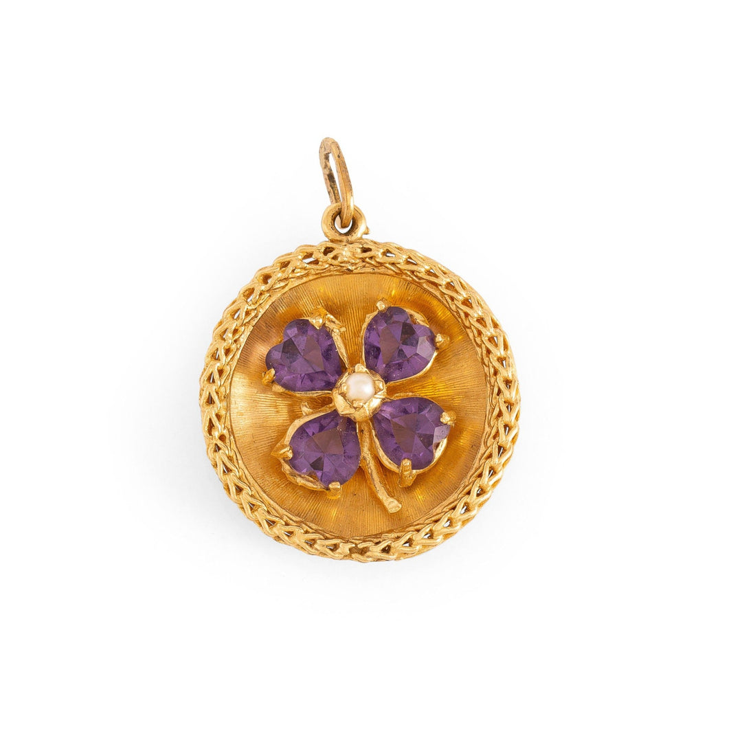 Italian Large Amethyst with Pearl Clover and 10k Gold Charm