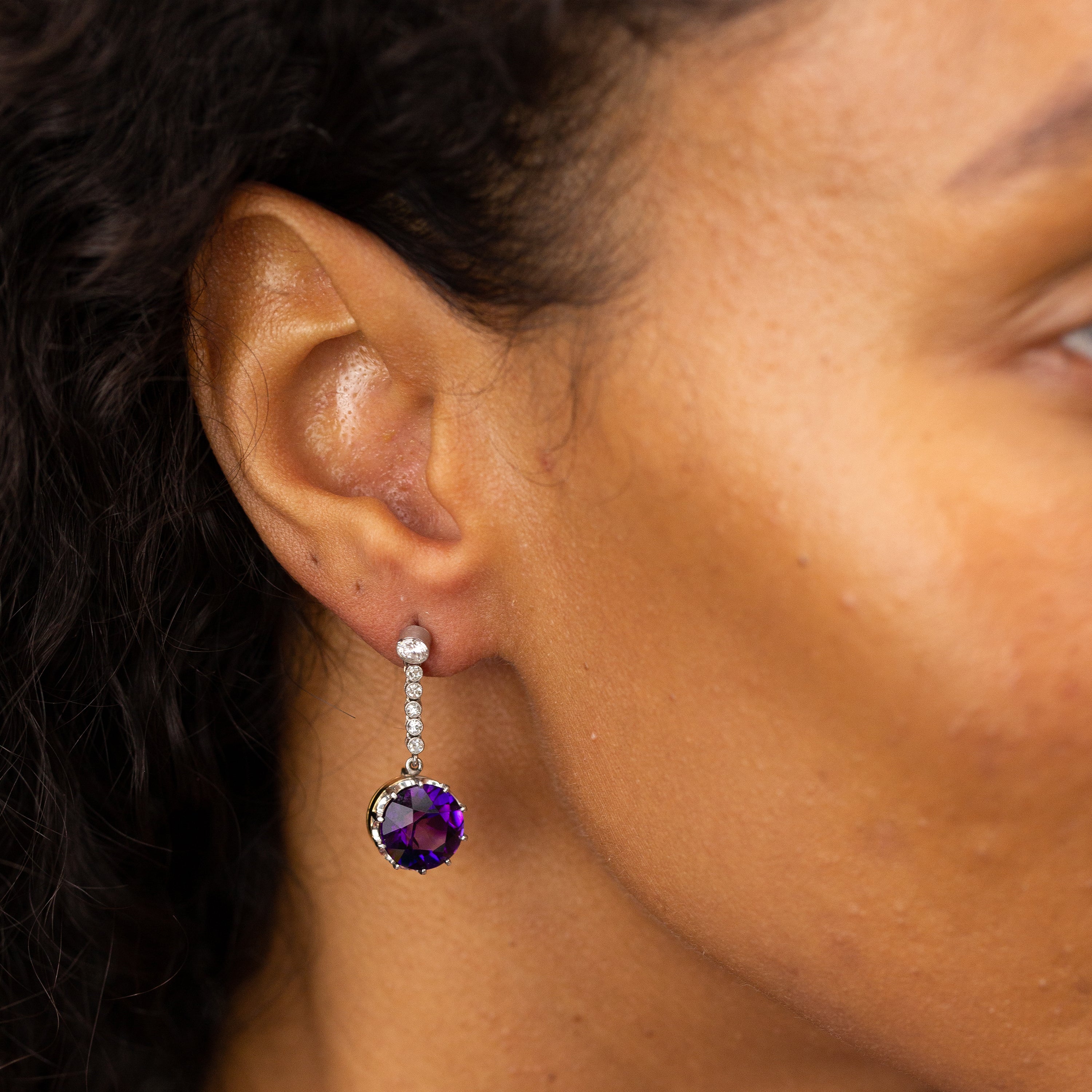 Amethyst, Diamond, Platinum, and 18k Rose Gold Dangle Earrings