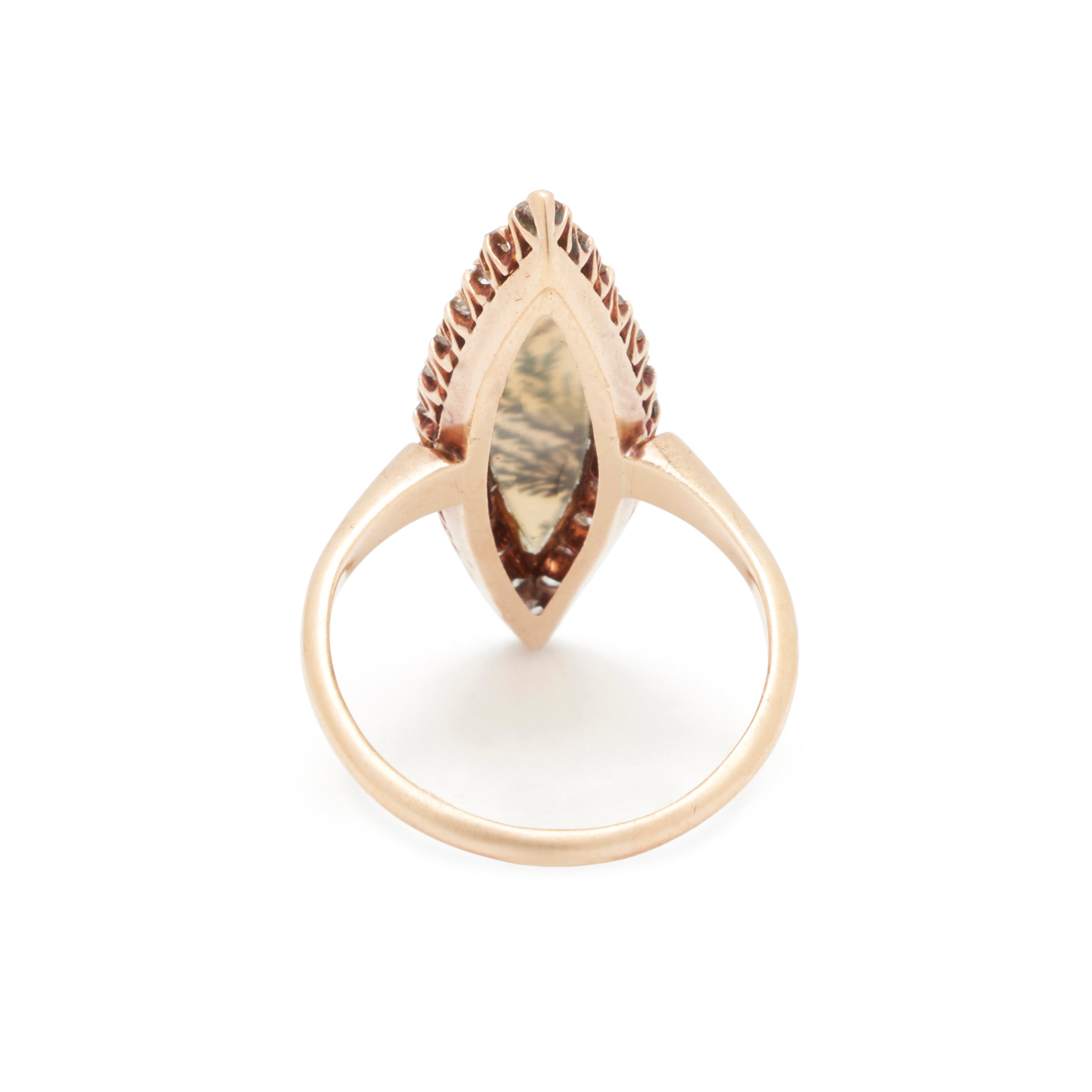 Victorian Moss Agate And Diamond 14K Gold Navette Ring