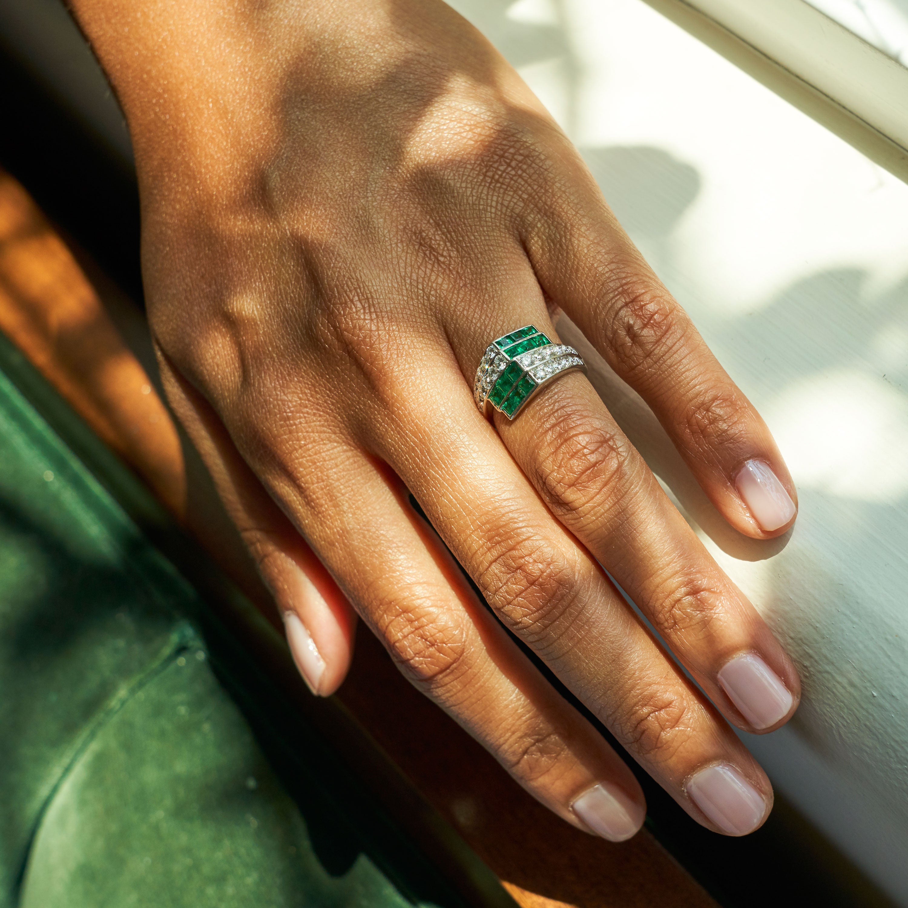 Emerald And Diamond Geometric Platinum Ring