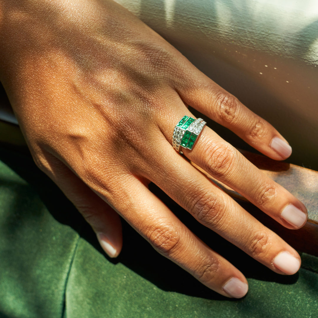 Emerald And Diamond Geometric Platinum Ring