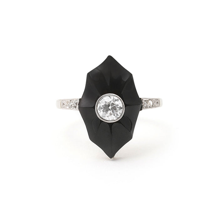 Art Deco Carved Onyx And Diamond 18k Gold Ring