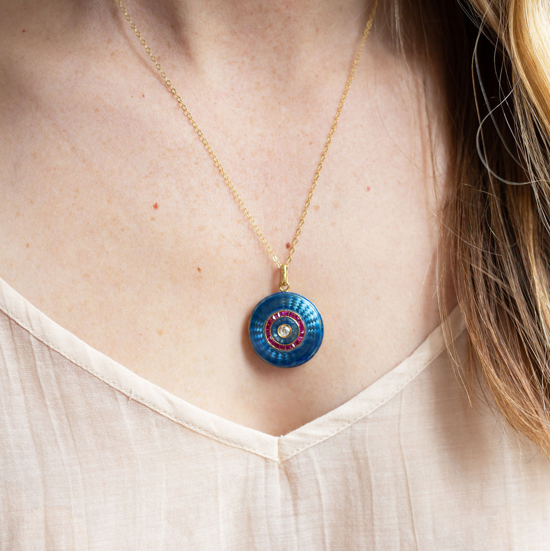 Enamel Guilloche 18k Gold Locket With Rubies And Diamond