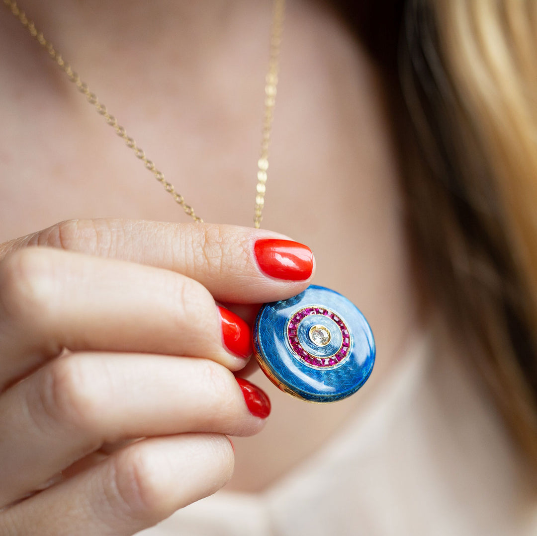 Enamel Guilloche 18k Gold Locket With Rubies And Diamond