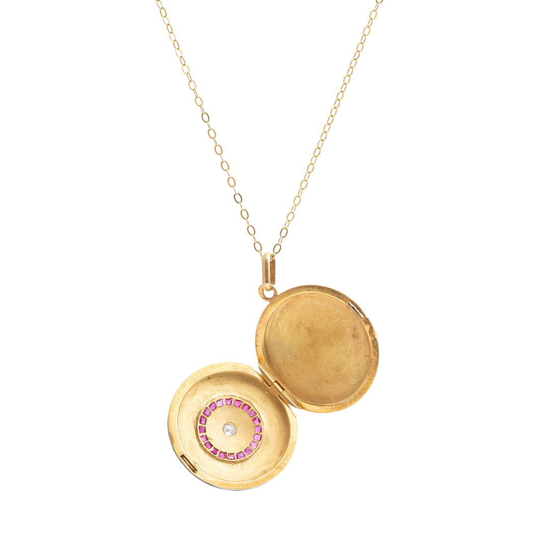 Enamel Guilloche 18k Gold Locket With Rubies And Diamond